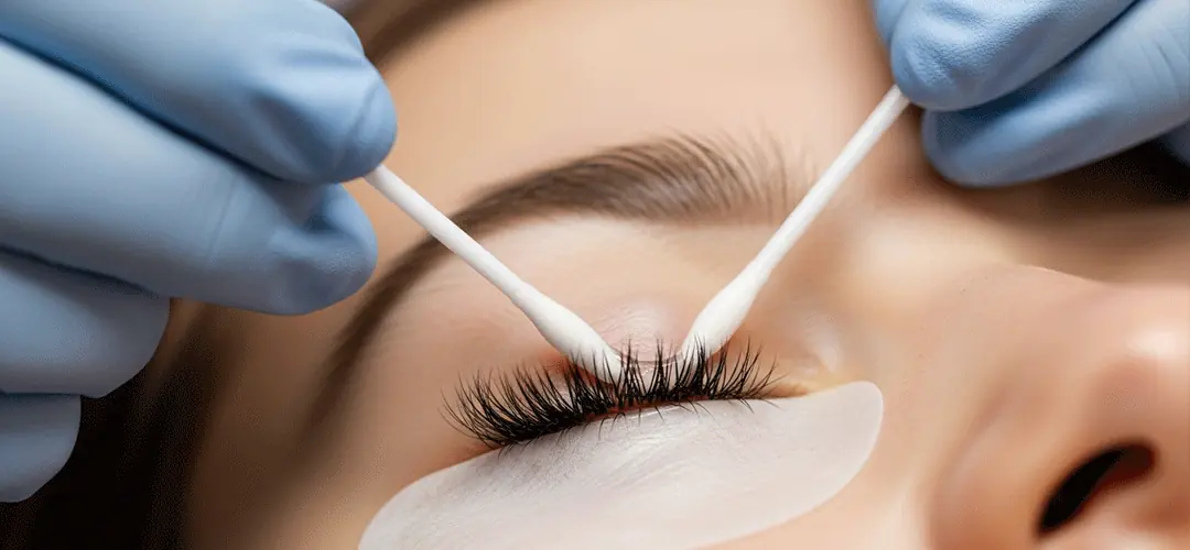 Bir uzmanın özel jel sökücü kullanarak ipek kirpikleri doğal kirpiklere zarar vermeden güvenli bir şekilde çıkardığı an.