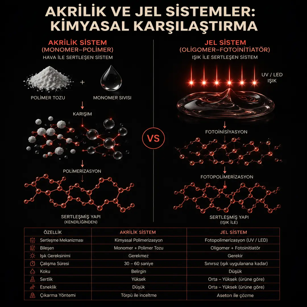 Akrilik (monomer-polimer) ve jel (oligomer-fotoinitiator) sistemlerinin moleküler reaksiyon karşılaştırması