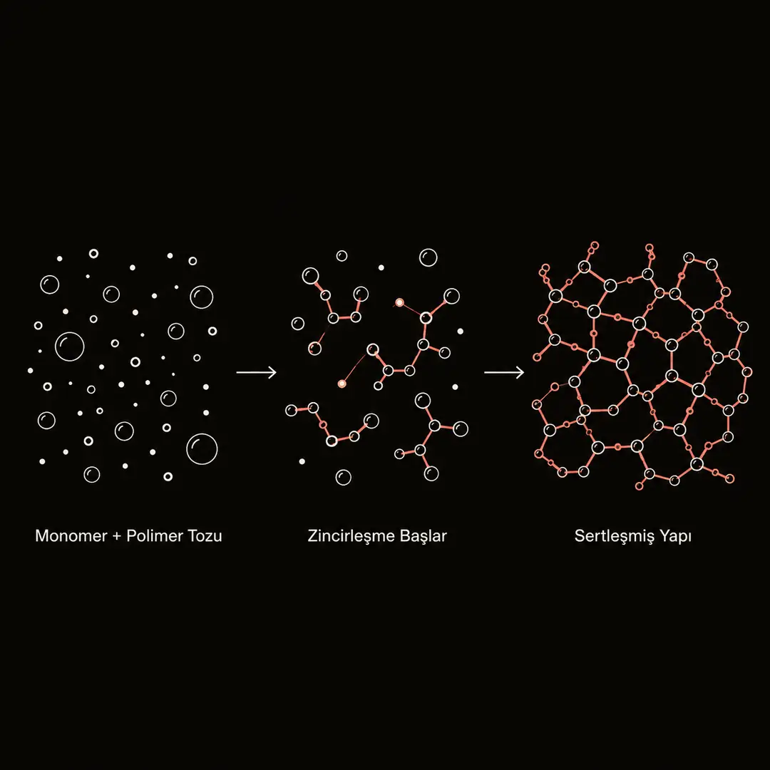 Monomer ve polimer tozunun karışarak zincir reaksiyonuyla sertleşme sürecinin şematik gösterimi
