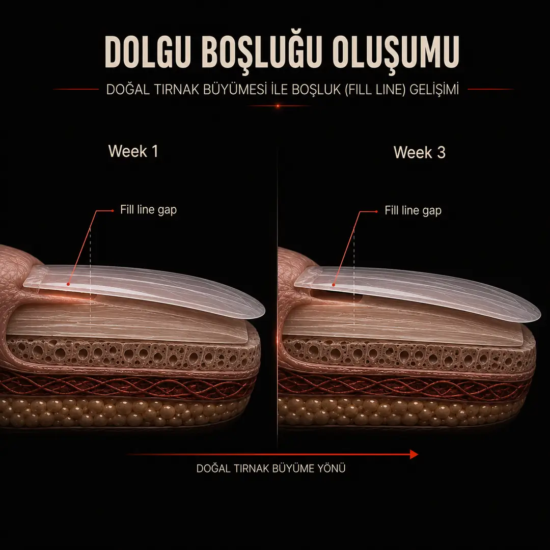 Doğal tırnak büyümesiyle protez tırnak arasında oluşan boşluğun (fill line) zaman içindeki gelişimi