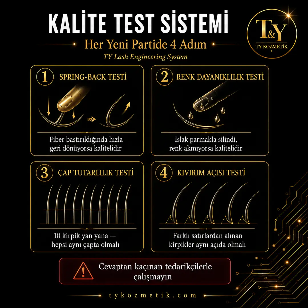 İpek kirpik kalite test sistemi — Her yeni partide 4 adım — T&Y Lash Engineering System