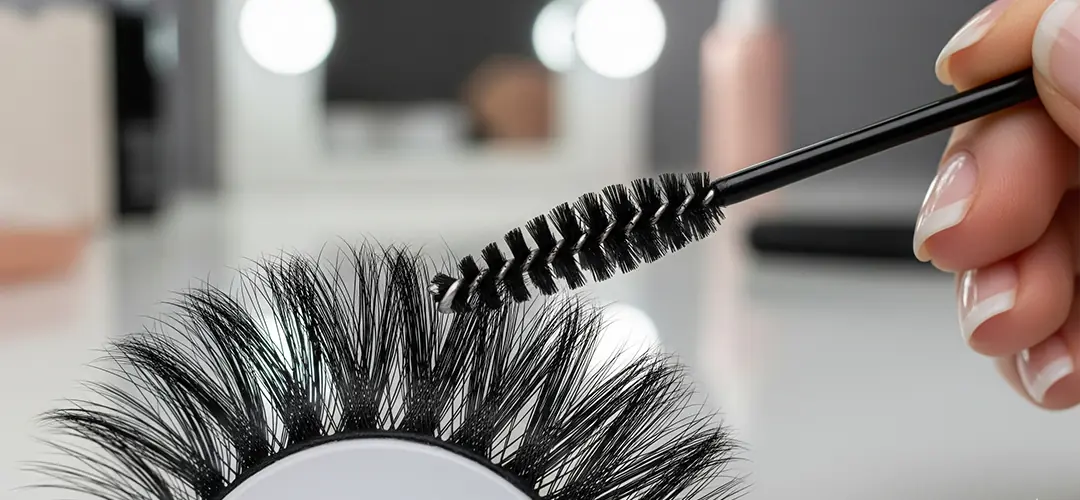 Özel bir kirpik fırçası (spoolie) ile ipek kirpiklerini nazikçe tarayan bir kadın.