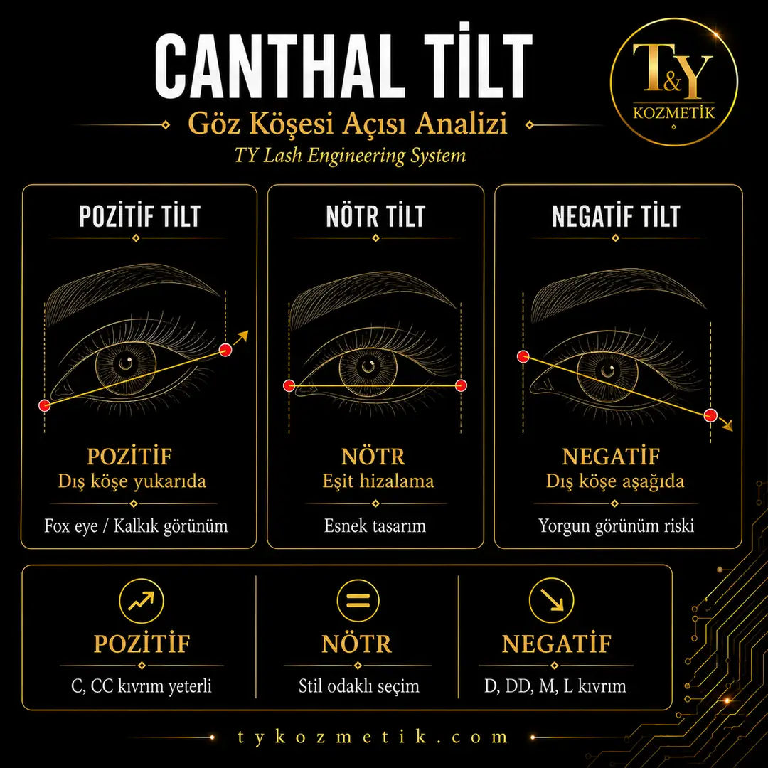 Canthal tilt analizi — Pozitif, Nötr, Negatif — T&Y Lash Engineering System