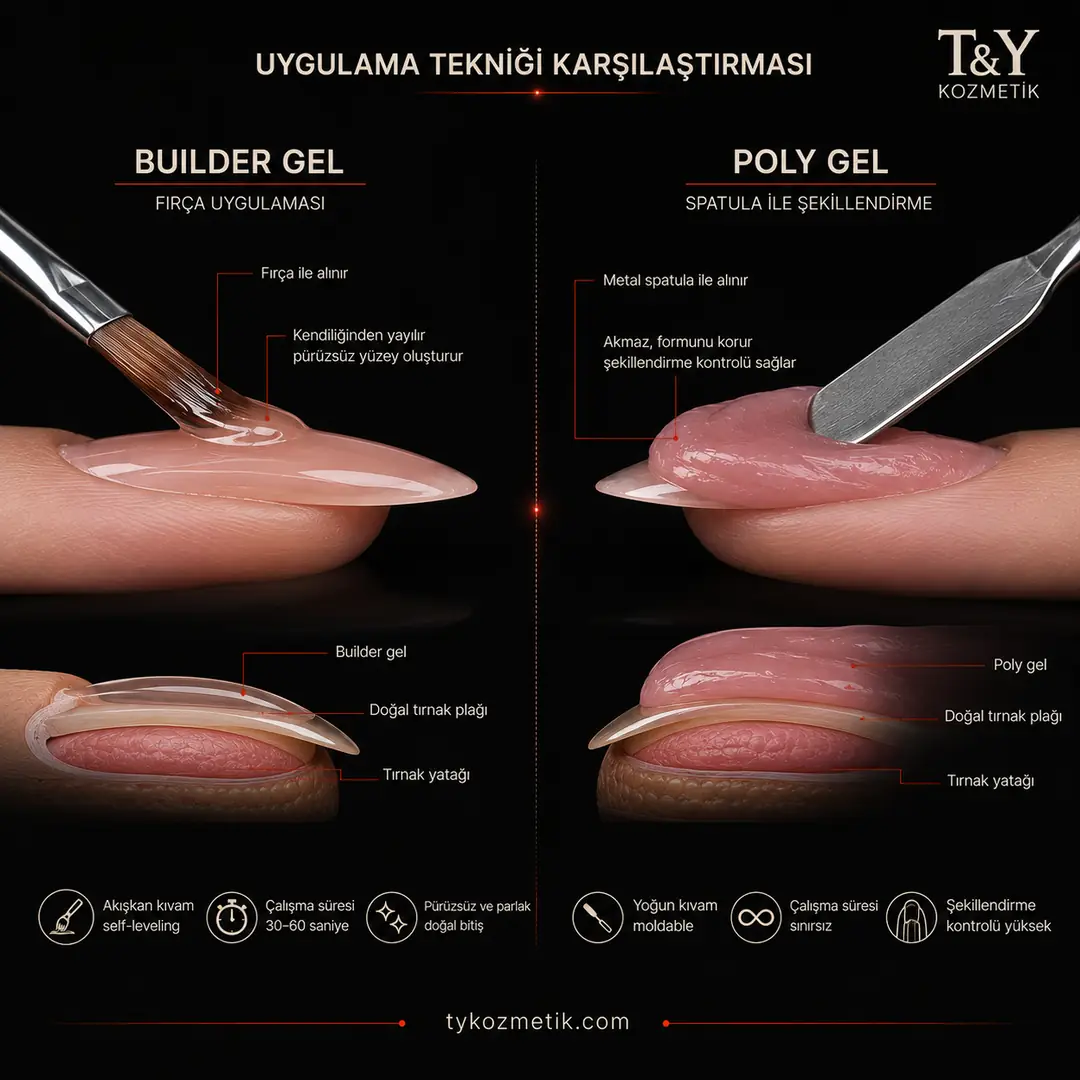 Builder gel fırça uygulaması ve poly gel spatula ile şekillendirme tekniği karşılaştırması