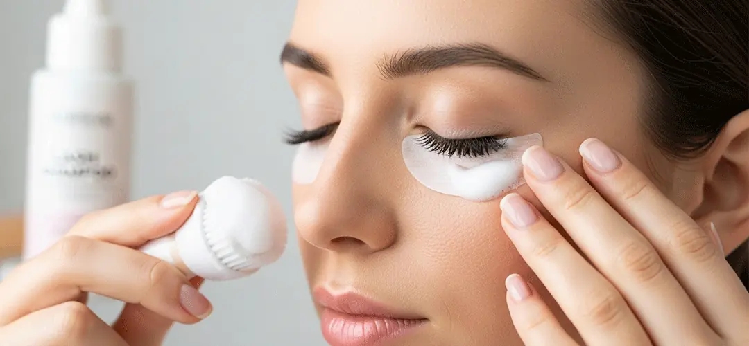 Yumuşak bir fırça ve özel köpük temizleyici ile ipek kirpiklerin doğru şekilde nasıl temizlendiğini gösteren fotoğraf.