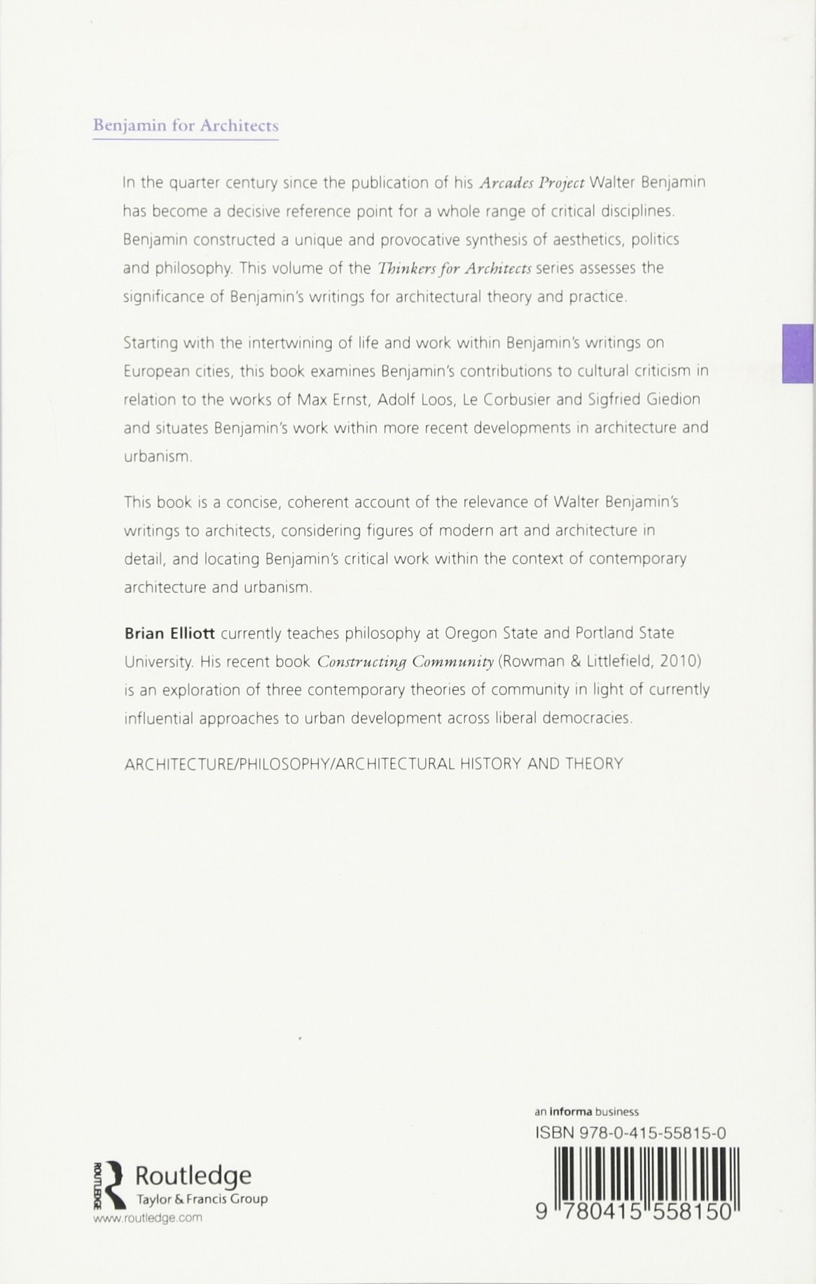 Benjamin for Architects (Thinkers for Architects) by Brain Elliott