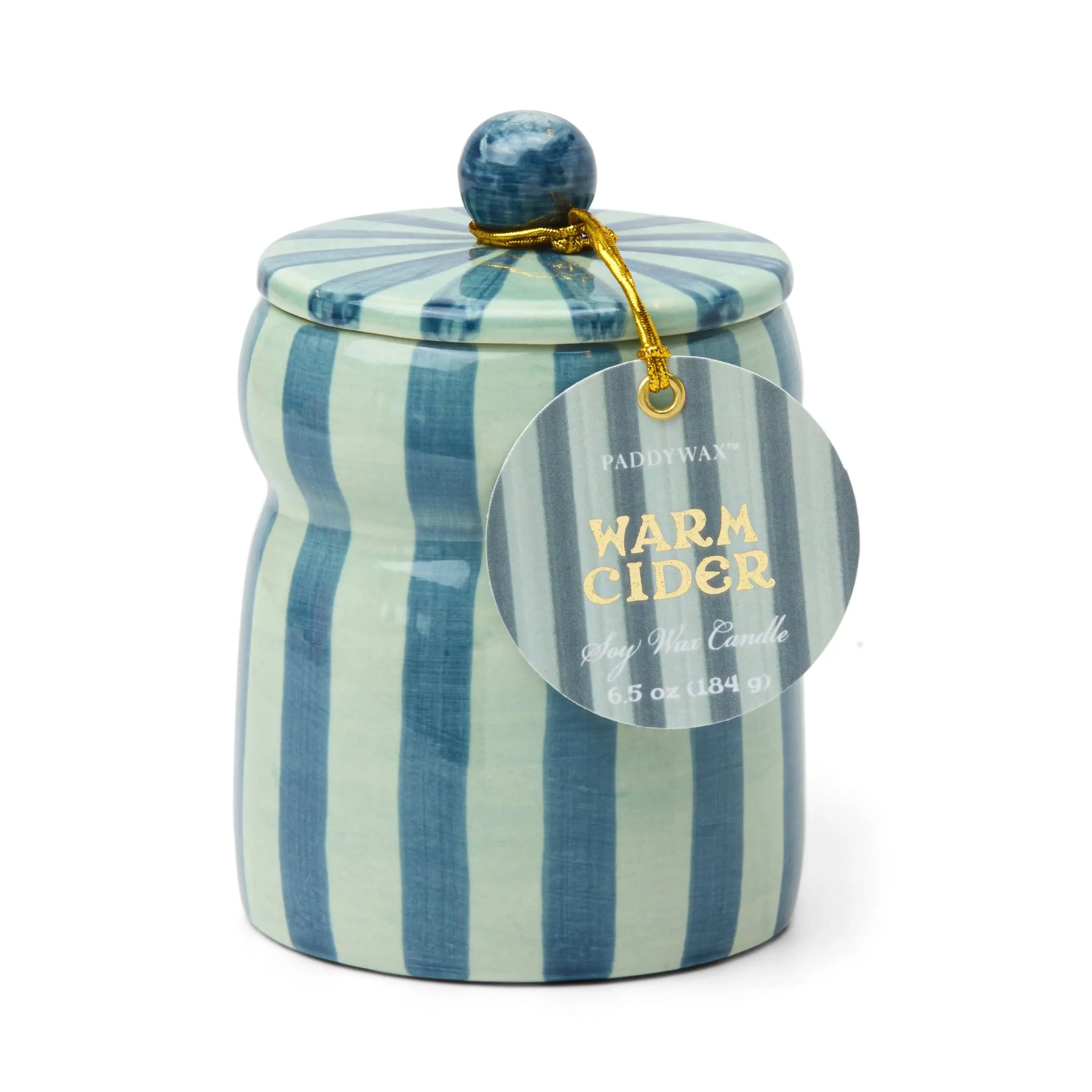  CABANA BLUE/NAVY STRIPED CERAMIC CANDLE-WARM CIDER