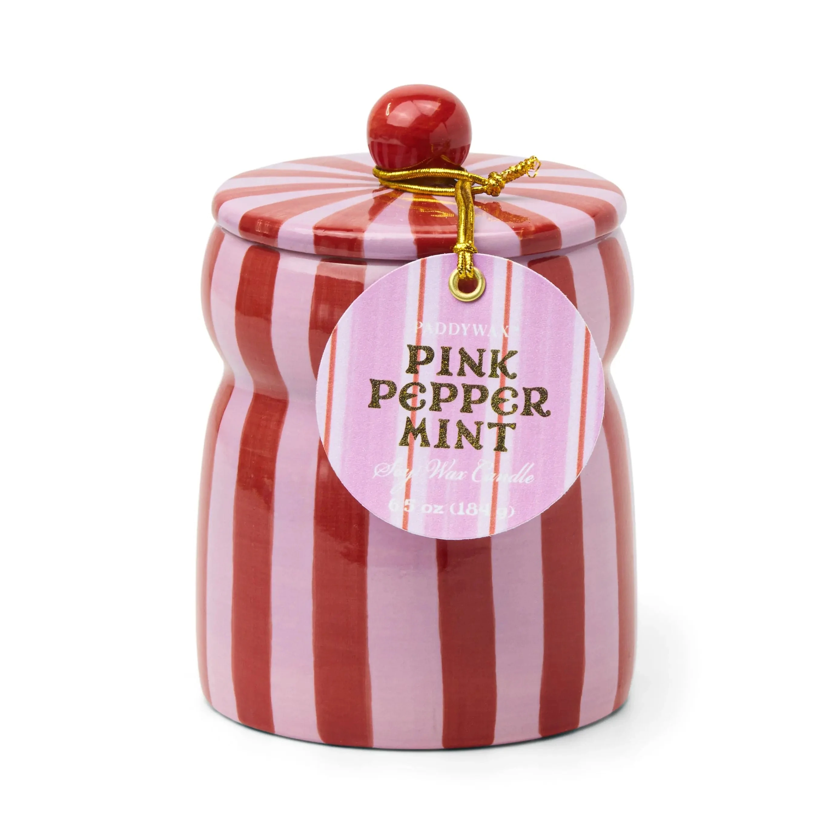 CABANA RED/PINK STRIPED CERAMIC CANDLE - PINK PEPPERMINT
