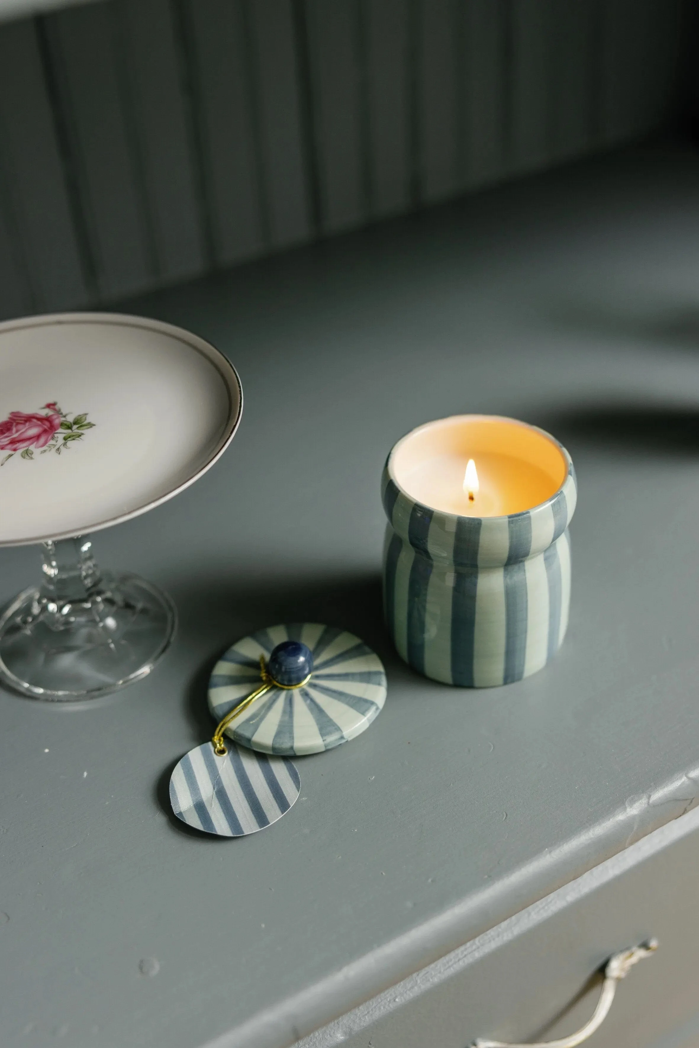  CABANA BLUE/NAVY STRIPED CERAMIC CANDLE-WARM CIDER