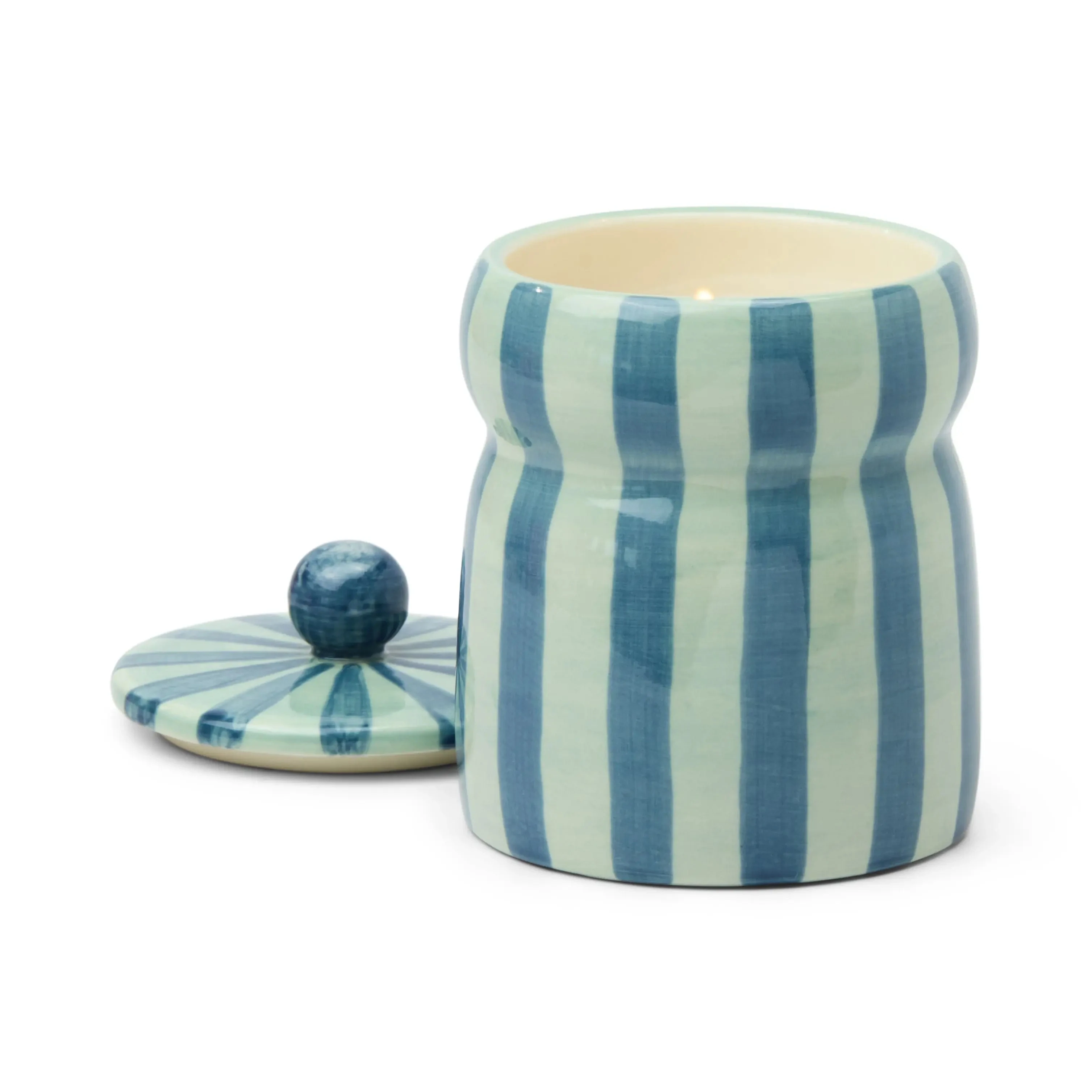  CABANA BLUE/NAVY STRIPED CERAMIC CANDLE-WARM CIDER