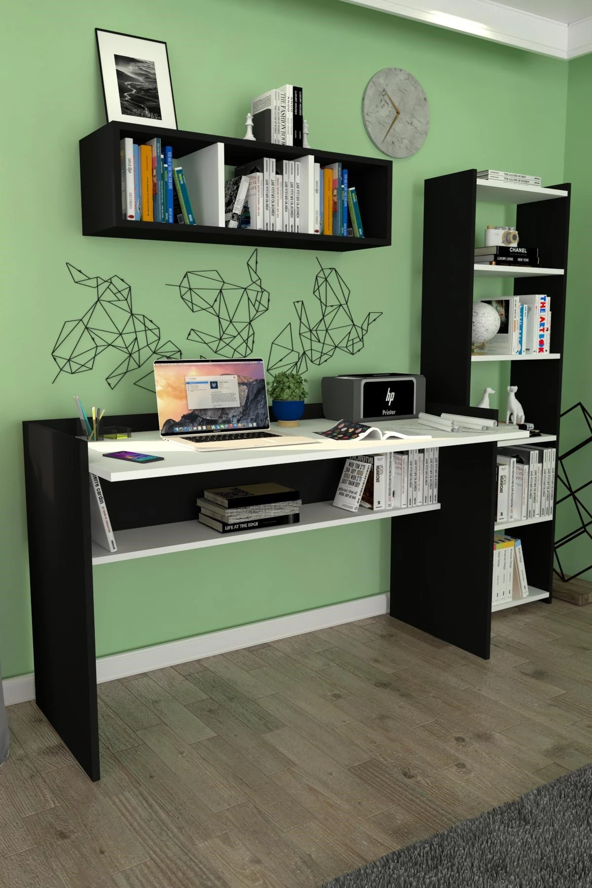 118 cm Mercan Çalışma Masası Kitaplık Duvar Raflı Siyah