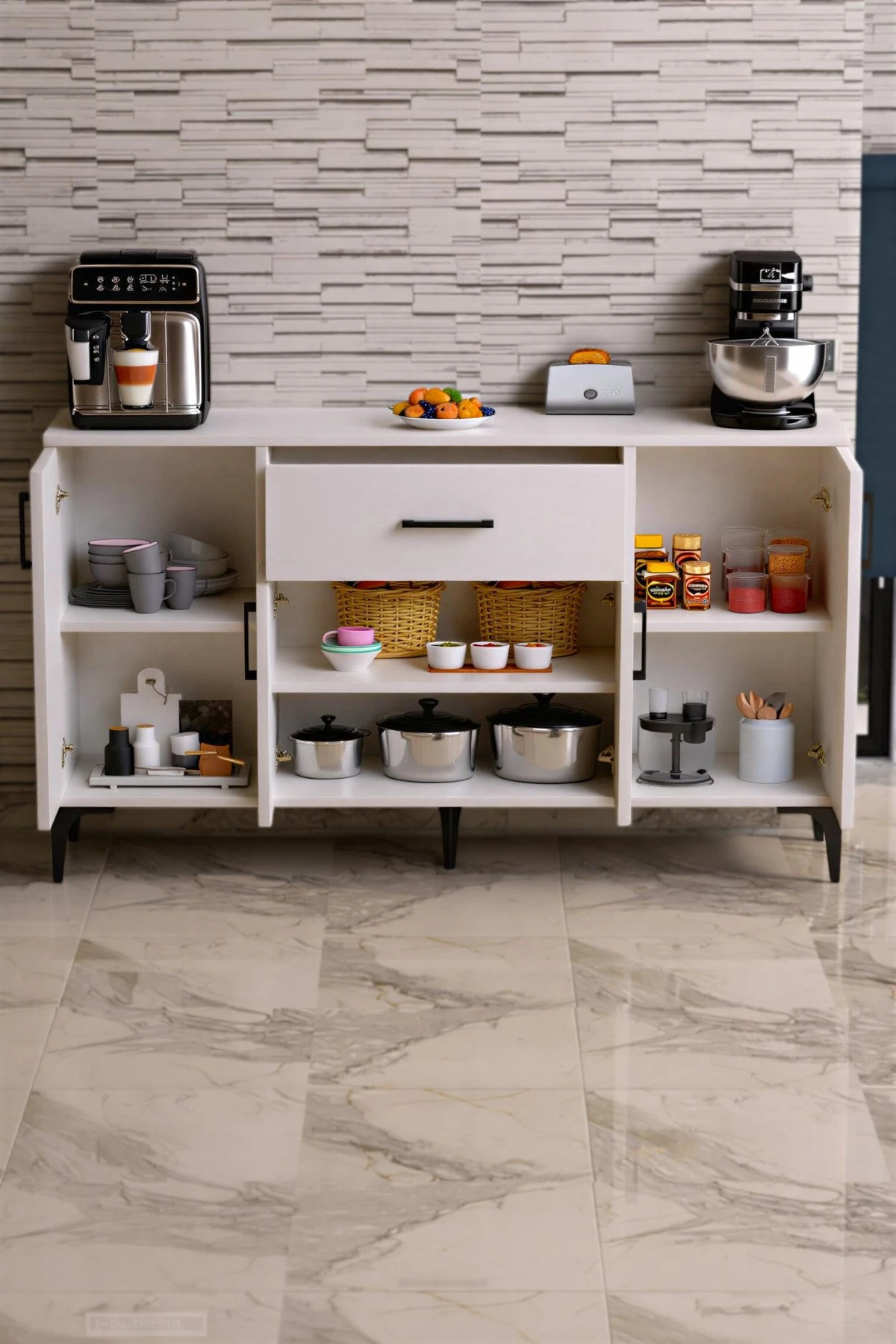 Rose 4 Kapaklı Tek Çekmeceli Mutfak,Kiler Dolabı,Kahve Köşesi Çok Amaçlı Dolap Beyaz