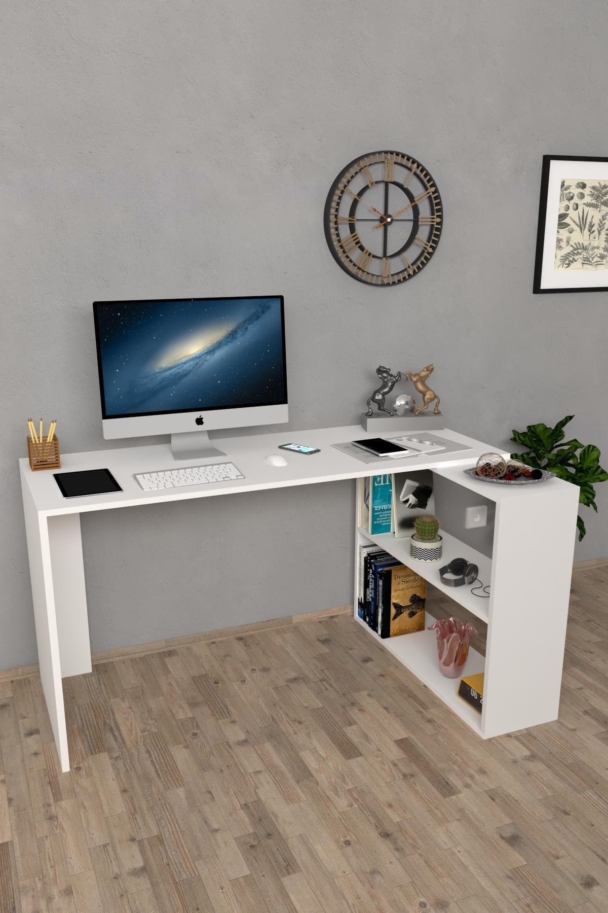 Atlas Kitaplıklı Çalışma Masası - Beyaz