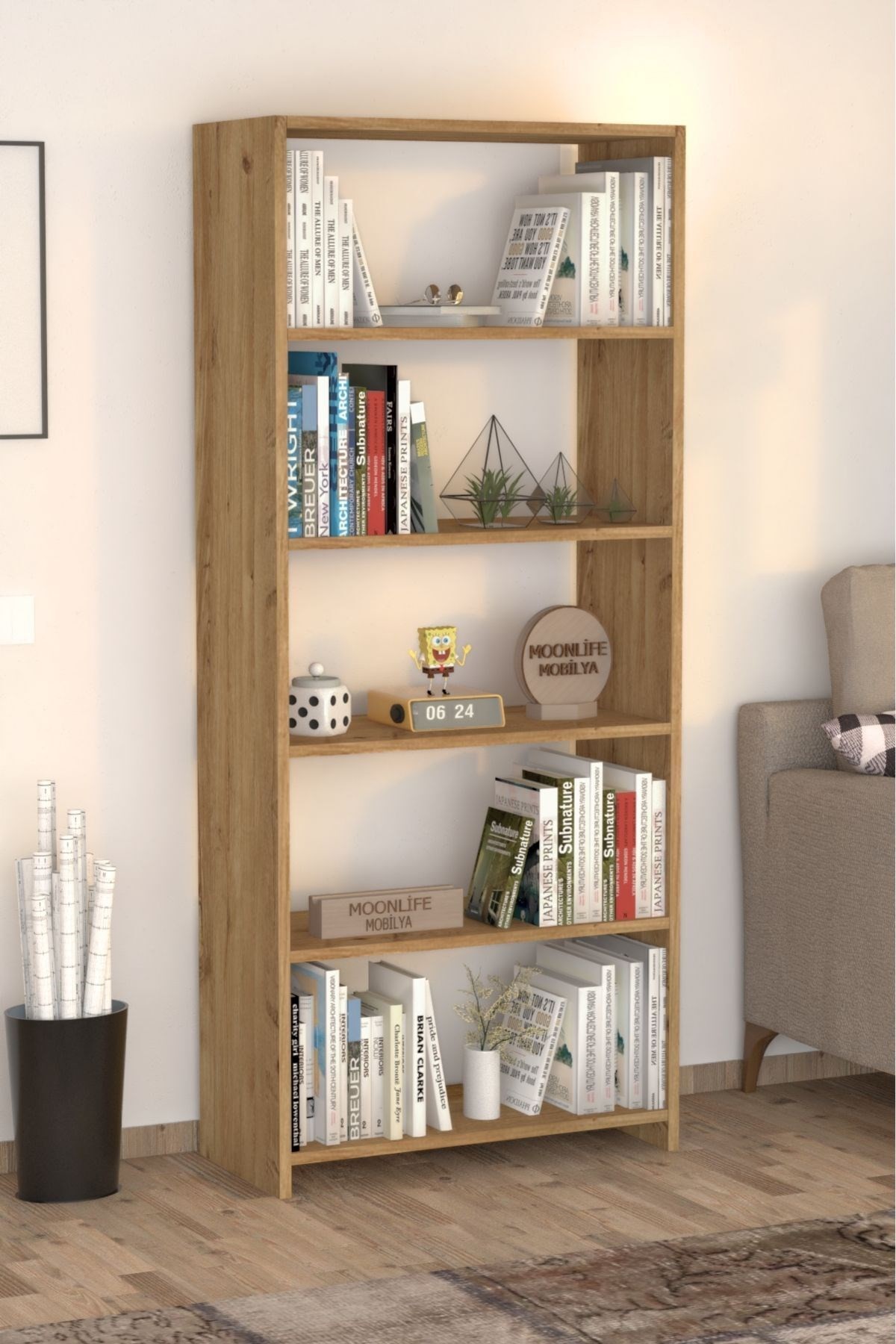 5 Raflı Kitaplık Çam