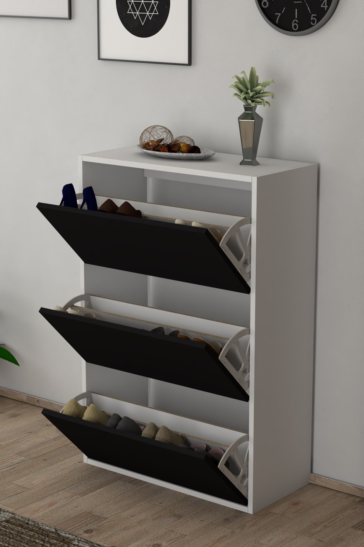 3 Kapaklı Kayar Raflı Ayakkabılık Siyah