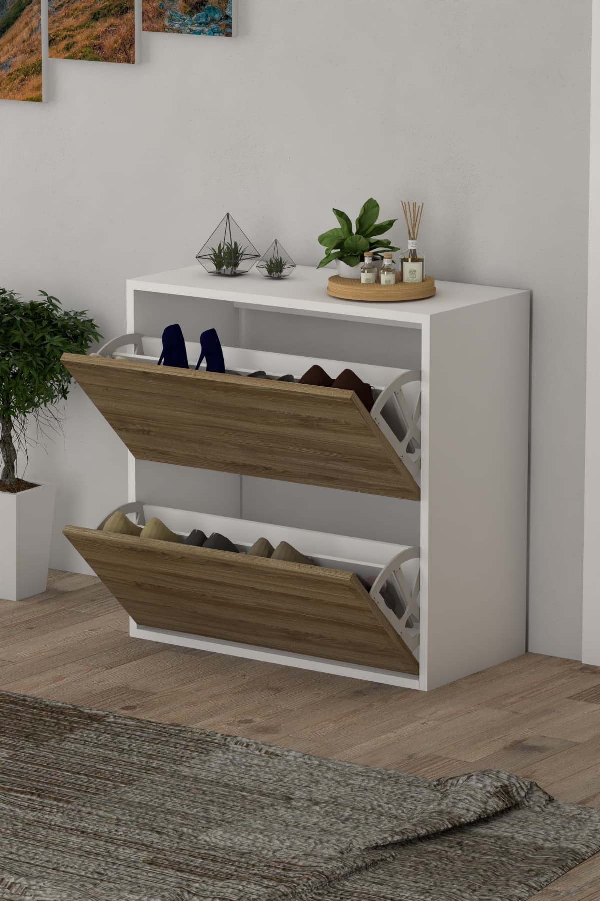 2 Kapaklı Kayar Raflı Ayakkabılık Ceviz