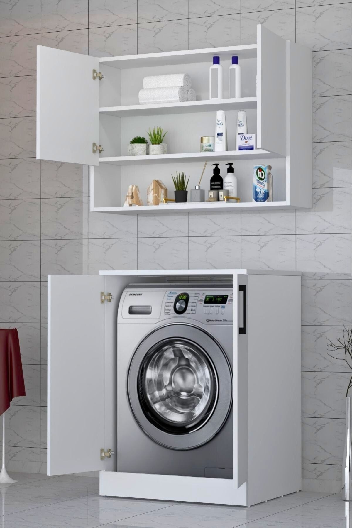 Rams 2 Kapaklı Üst Dolaplı Çamaşır Kurutma Makinesi Dolabı Beyaz