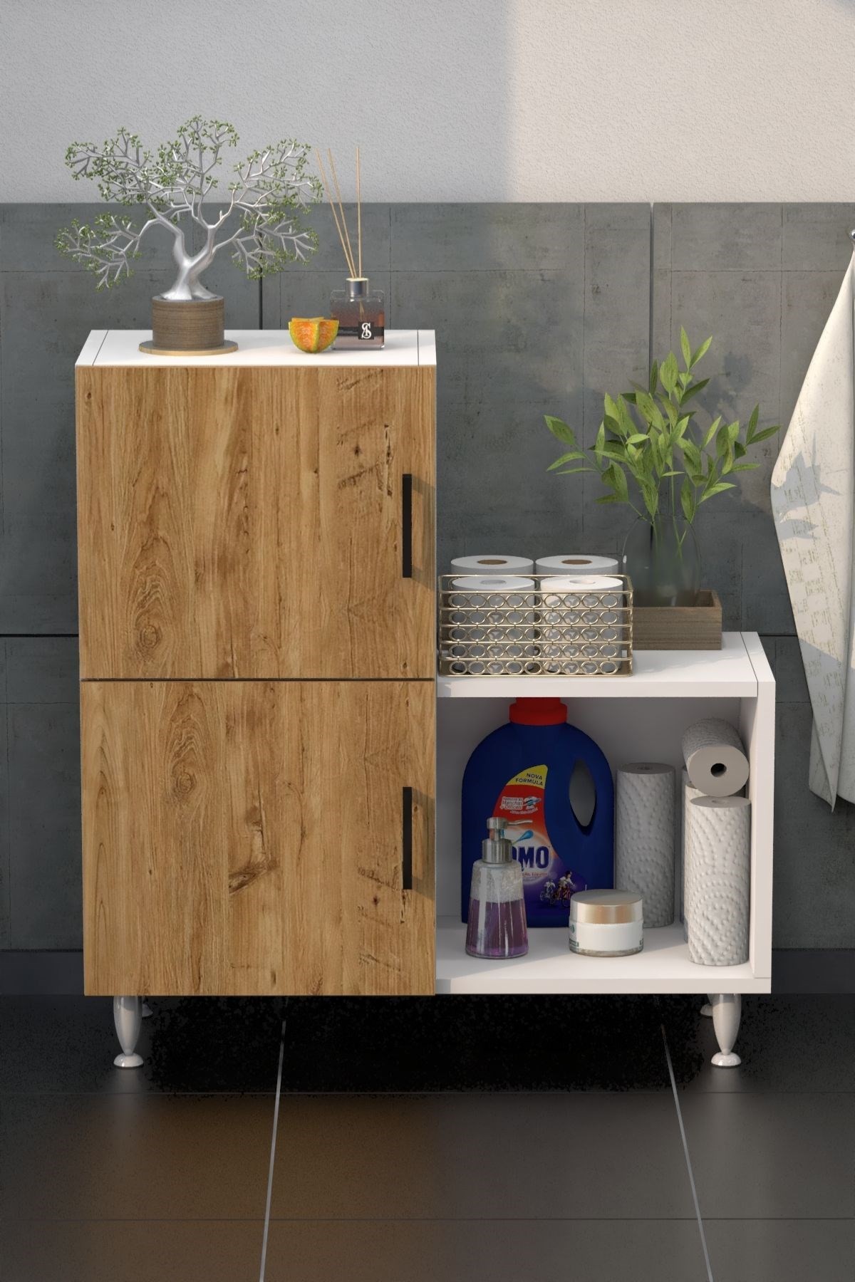 2 Kapaklı L Çok Amaçlı Banyo Dolabı  - Beyaz Çam