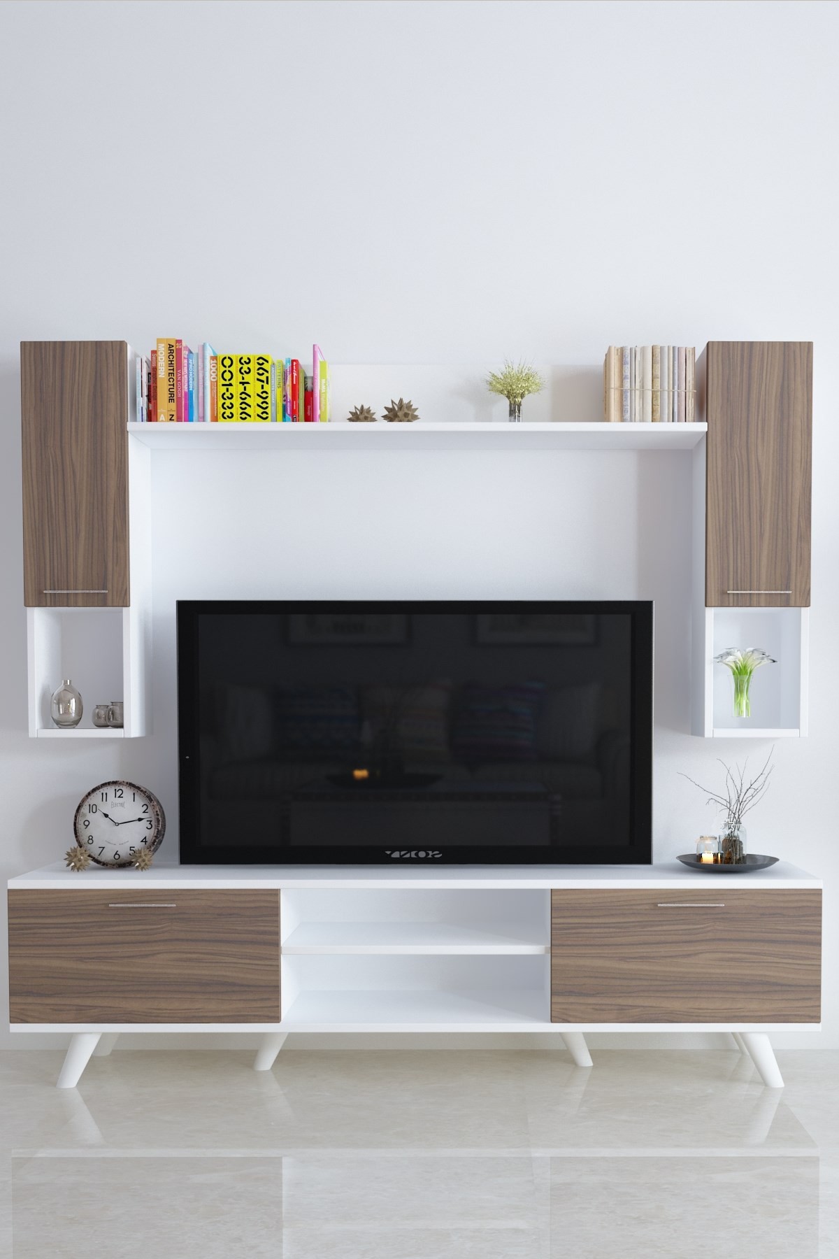 İstanbul Dolaplı Kapaklı Tv Ünitesi Beyaz Ceviz