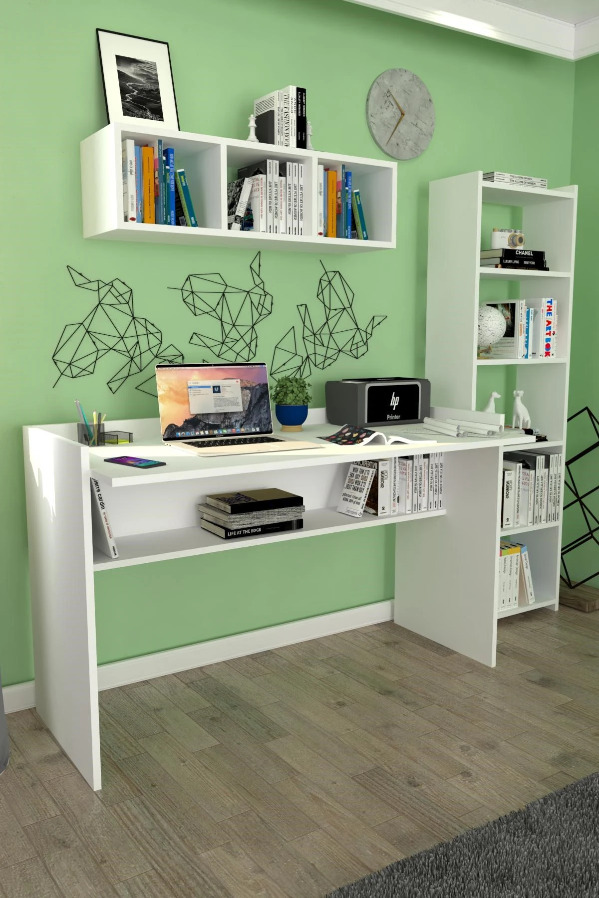 118 cm Mercan Çalışma Masası Kitaplık Duvar Raflı Beyaz