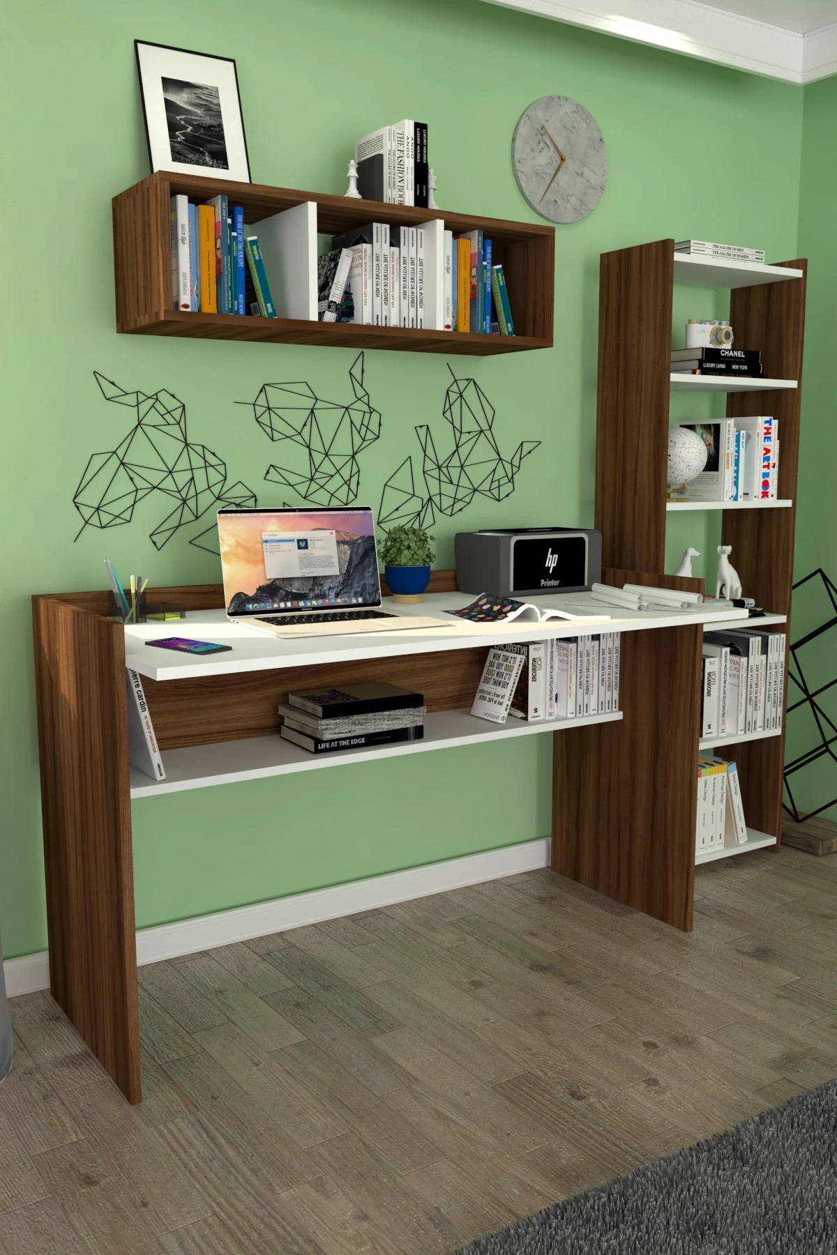 118 cm Mercan Çalışma Masası Kitaplık Duvar Raflı Ceviz