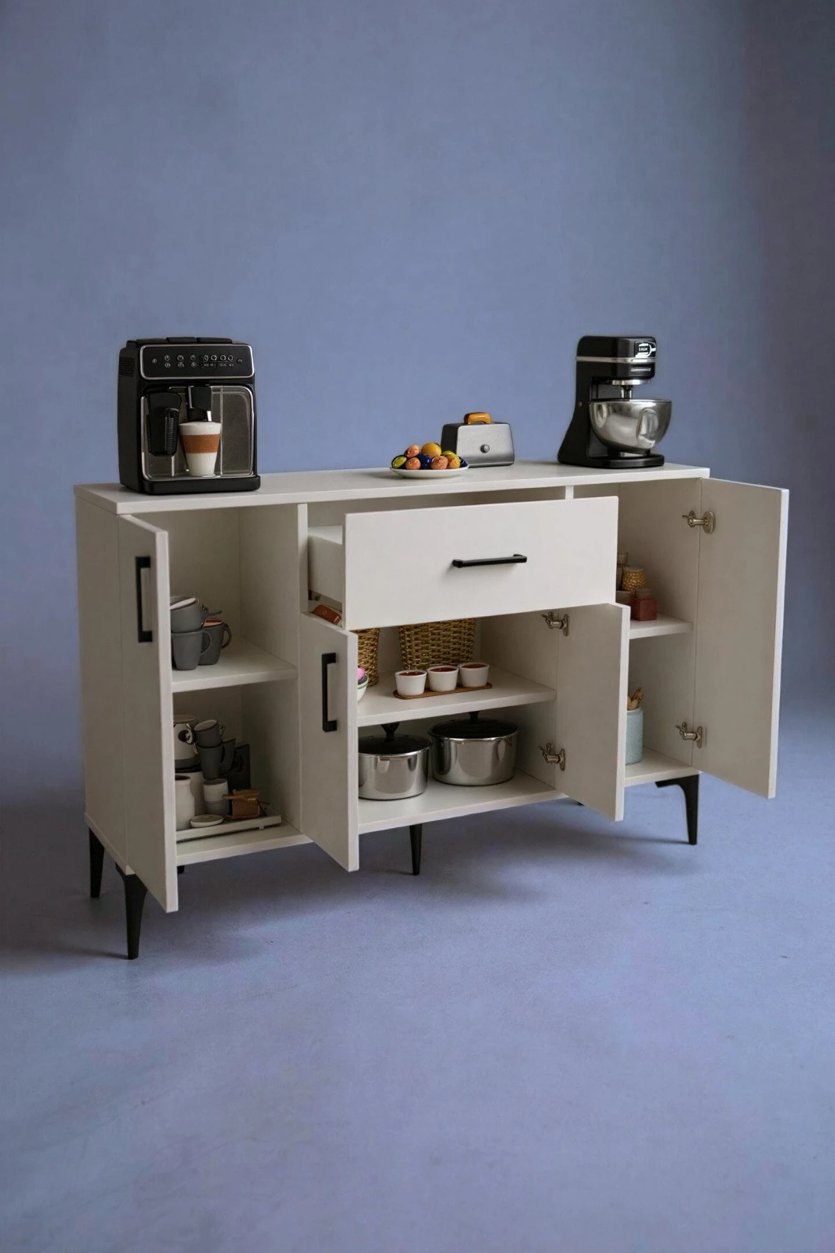 Rose 4 Kapaklı Tek Çekmeceli Mutfak,Kiler Dolabı,Kahve Köşesi Çok Amaçlı Dolap Beyaz