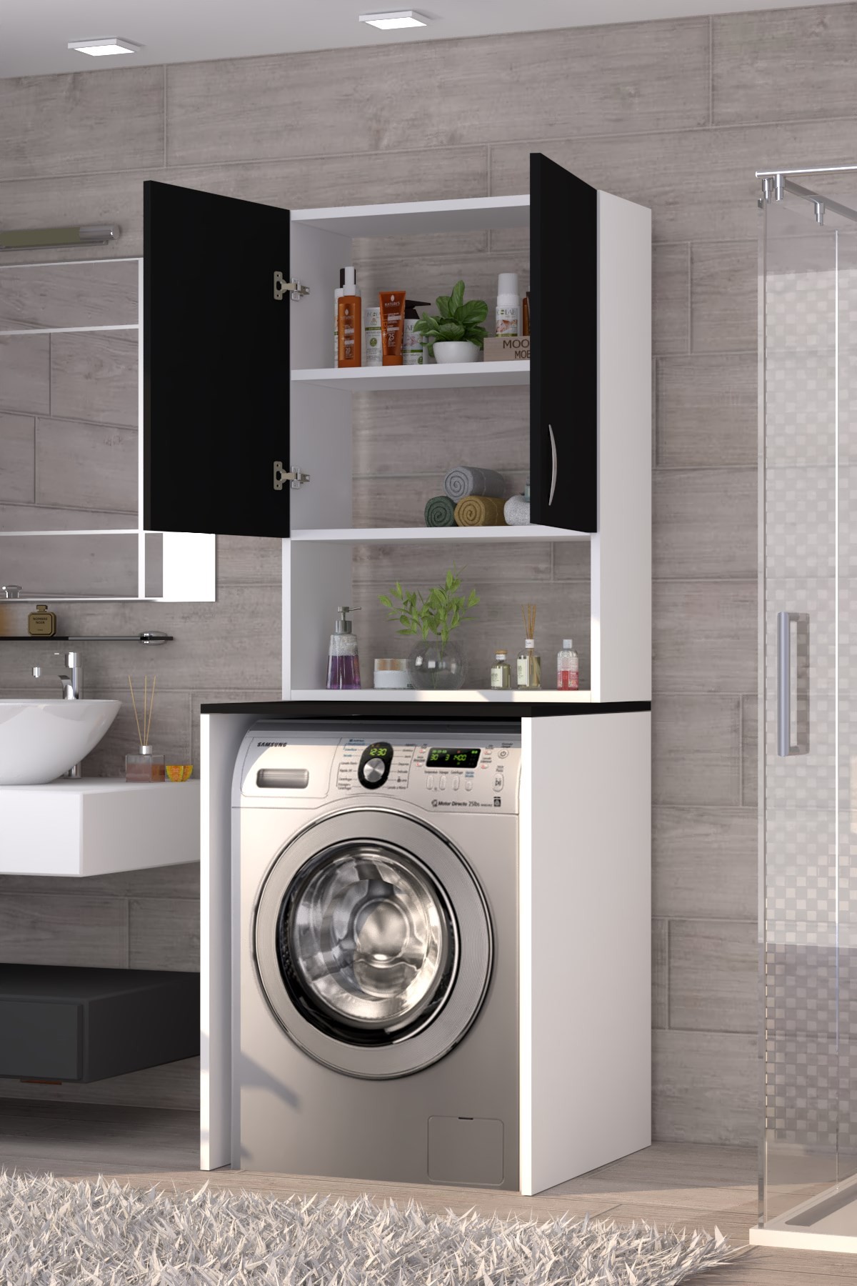 Üst Dolaplı Çok Amaçlı Çamaşır Makinesi Dolabı Siyah