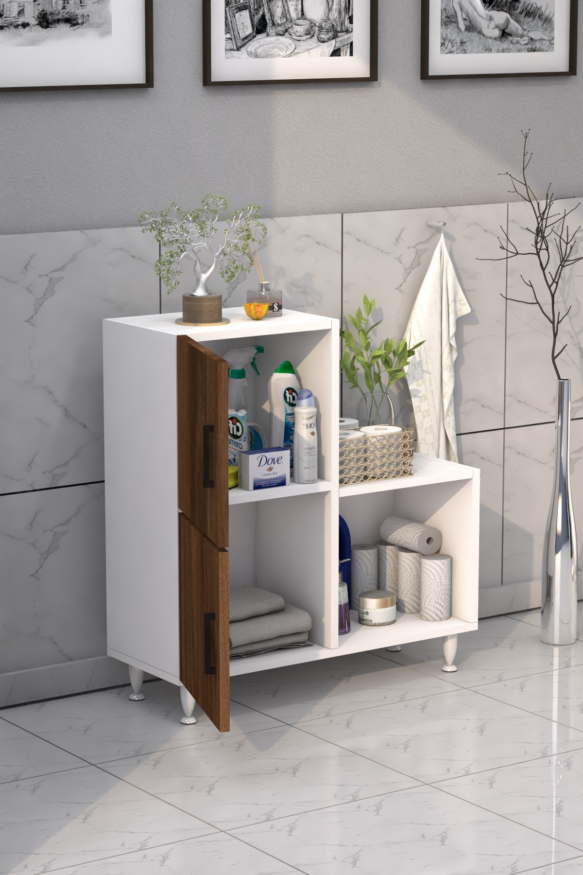 2 Kapaklı L Çok Amaçlı Banyo Dolabı Ceviz