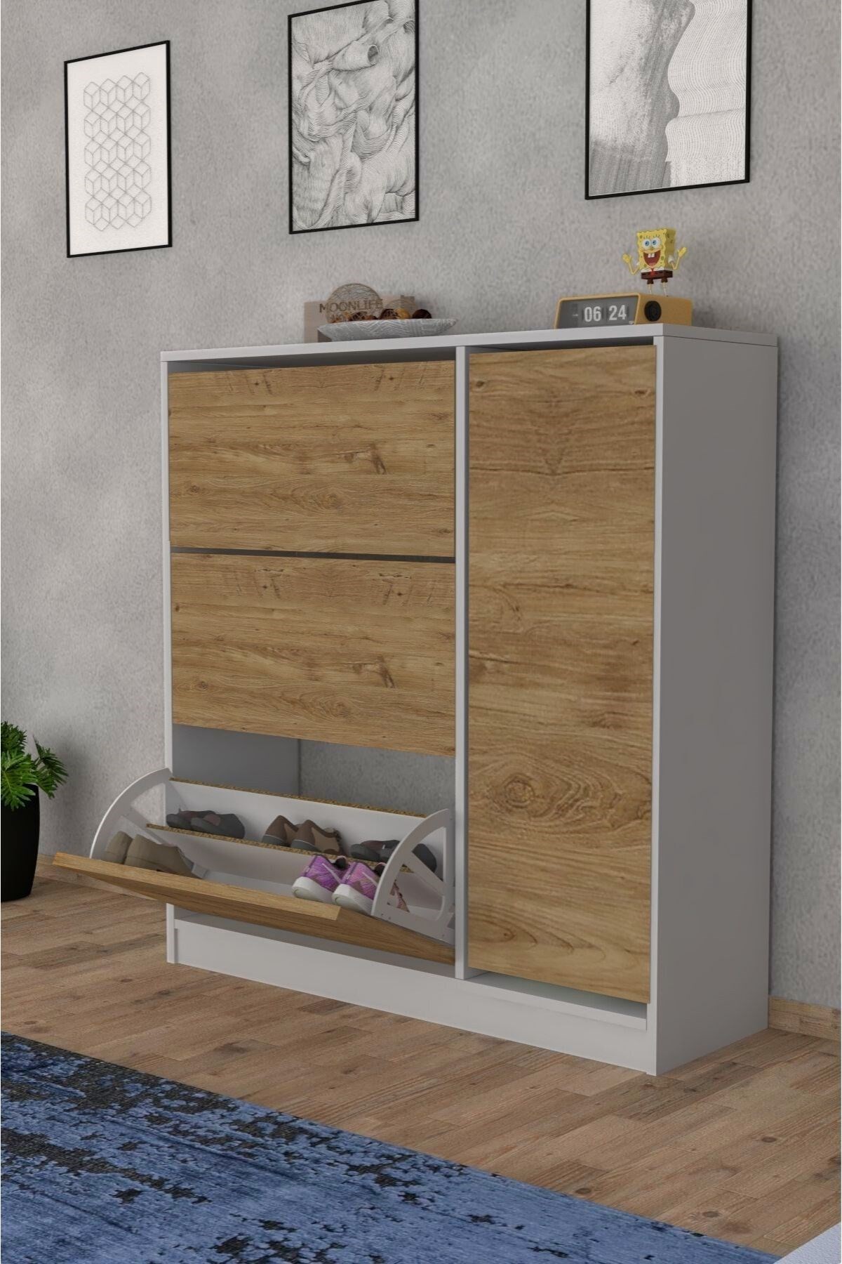 Milano 3 Kapaklı Kayar Raflı Dolaplı Ayakkabılık Çam