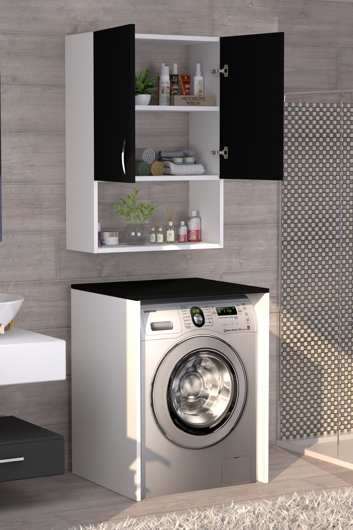 Üst Dolaplı Çok Amaçlı Çamaşır Makinesi Dolabı Siyah