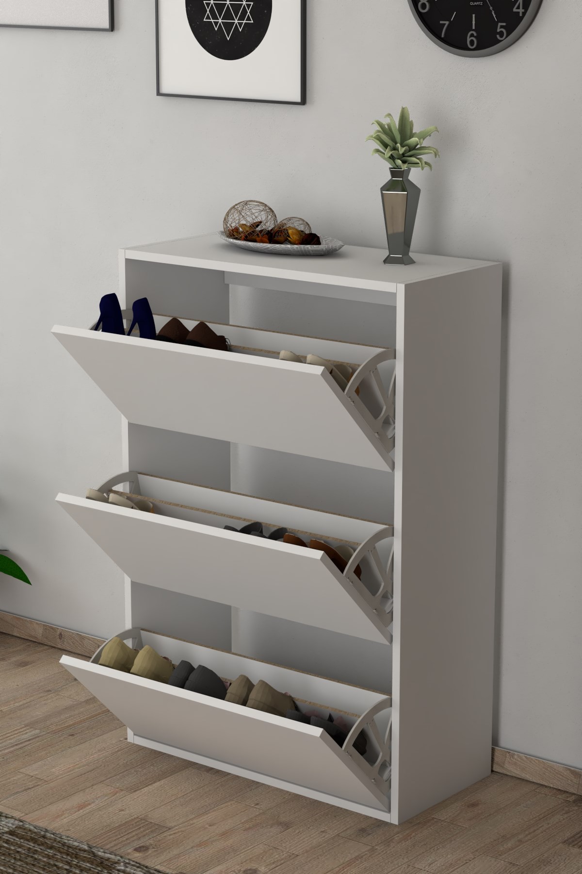 3 Kapaklı Kayar Raflı Ayakkabılık 