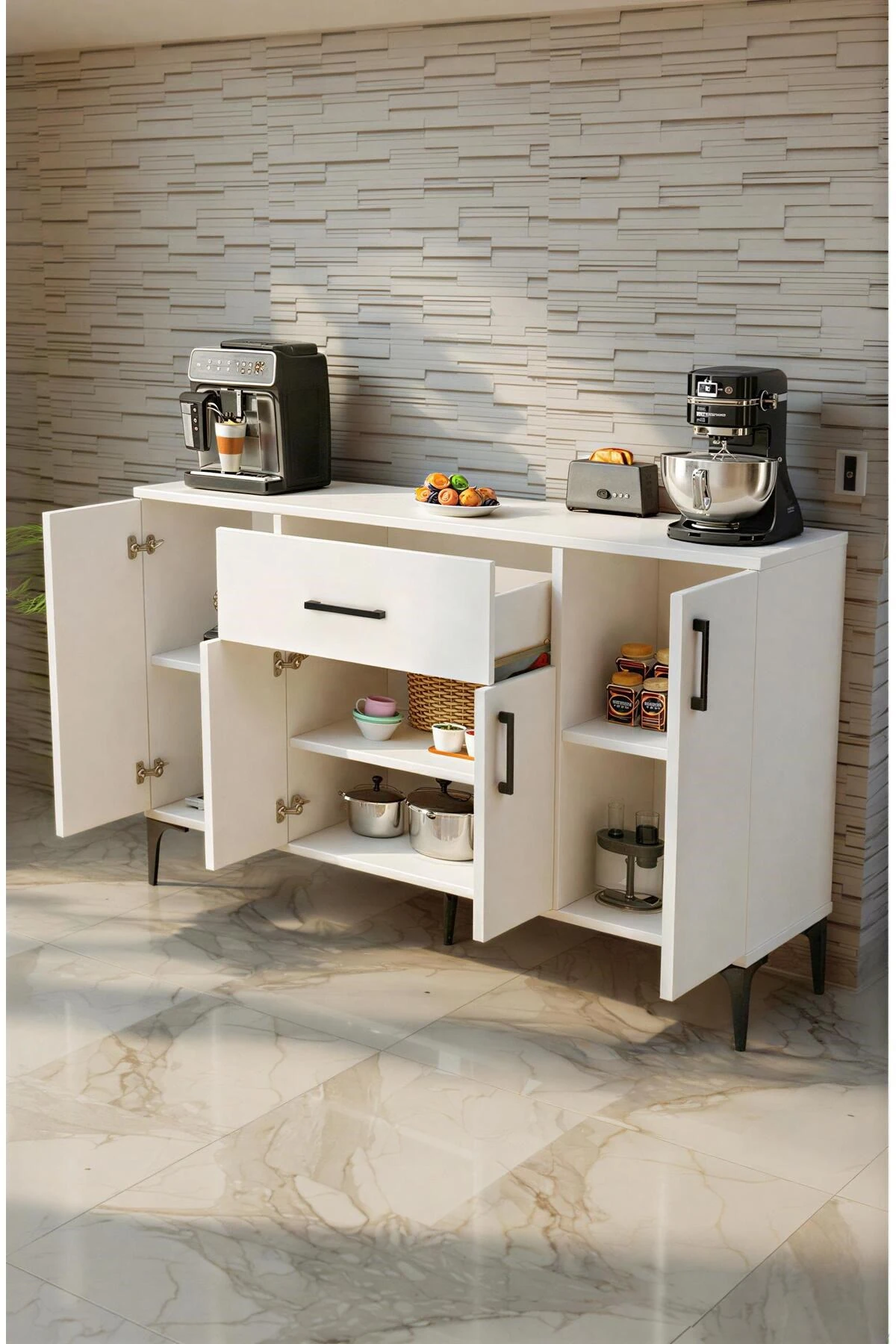 Rose 4 Kapaklı Tek Çekmeceli Mutfak,Kiler Dolabı,Kahve Köşesi Çok Amaçlı Dolap Beyaz