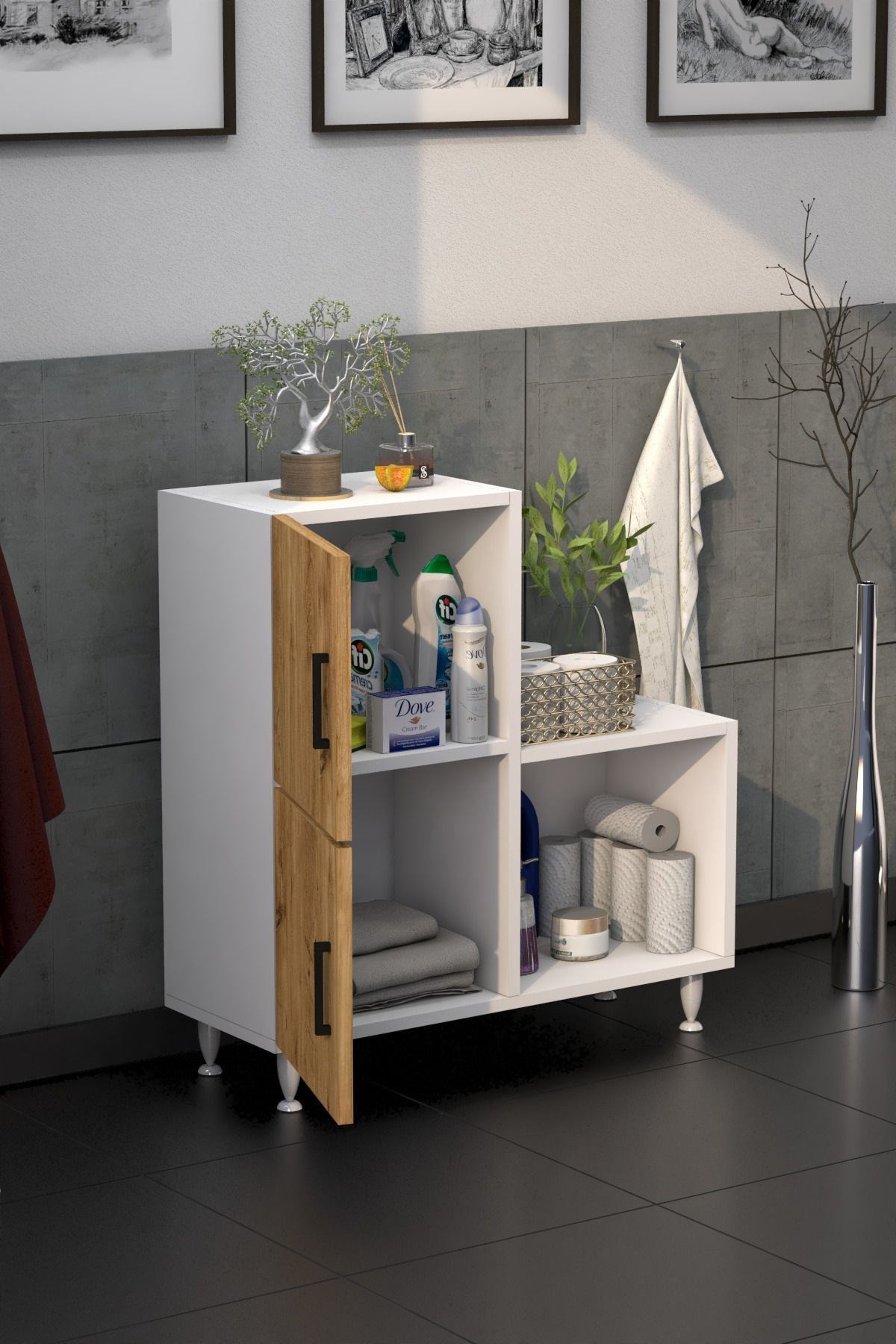 2 Kapaklı L Çok Amaçlı Banyo Dolabı Çam