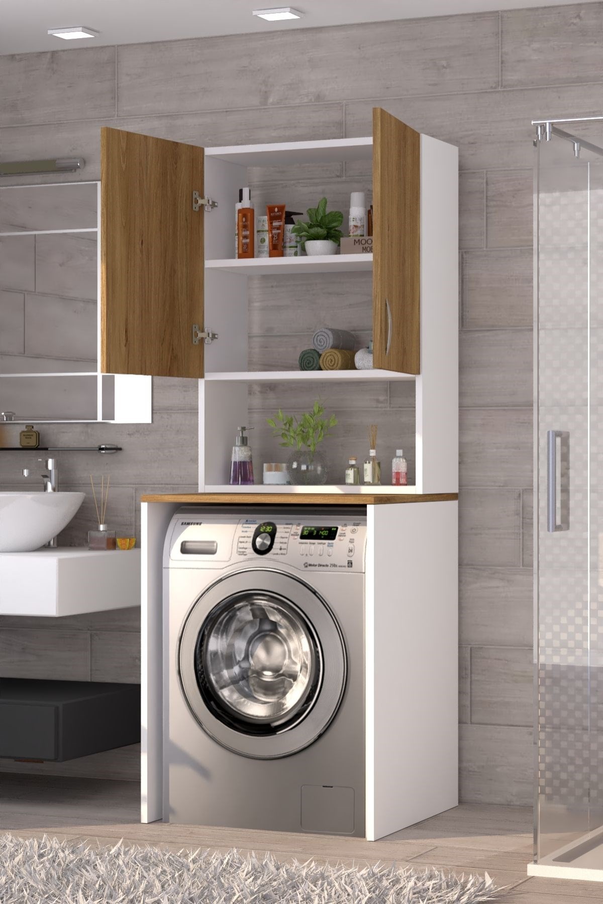 Üst Dolaplı Çok Amaçlı Çamaşır Makinesi Dolabı Çam
