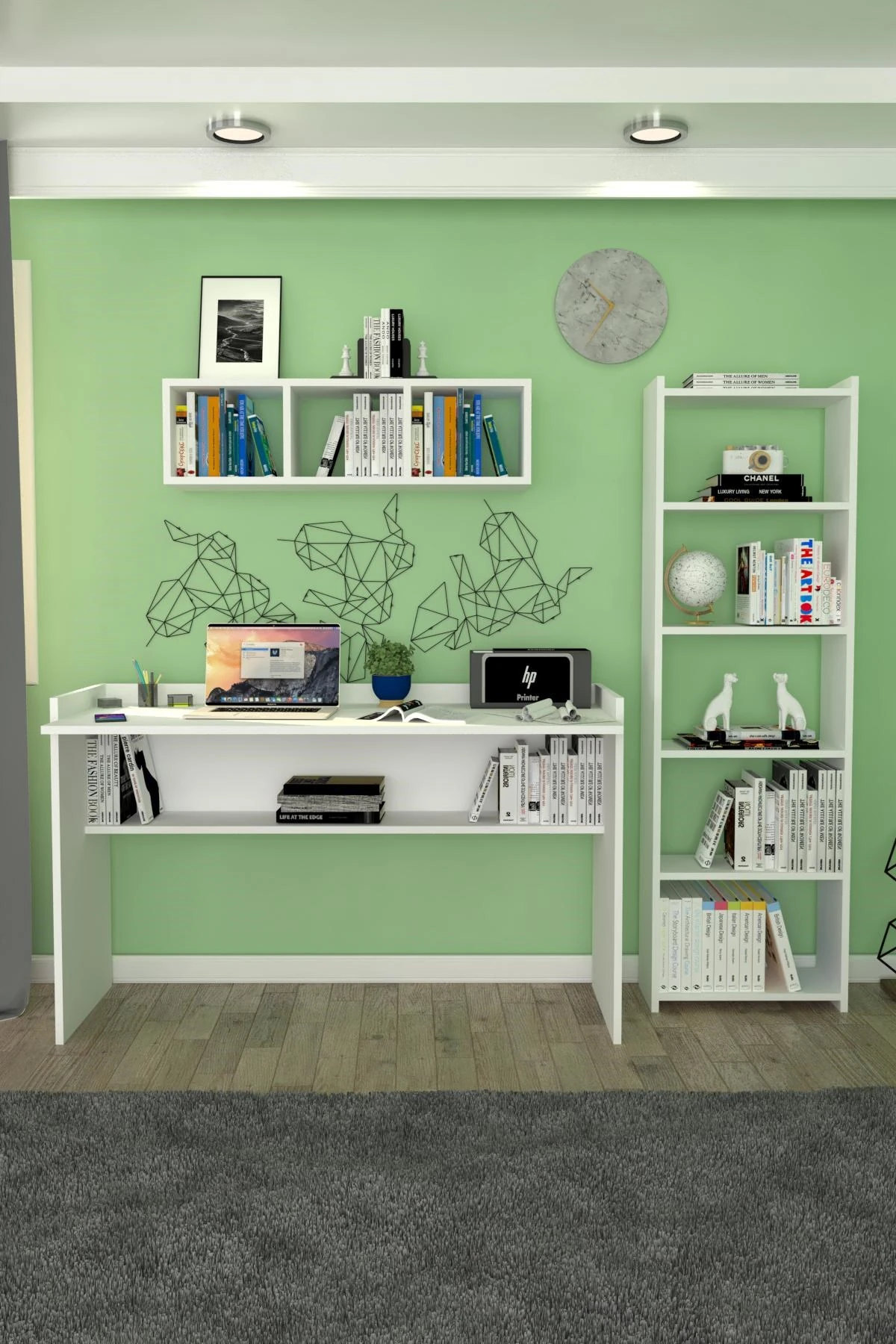 118 cm Mercan Çalışma Masası Kitaplık Duvar Raflı Beyaz