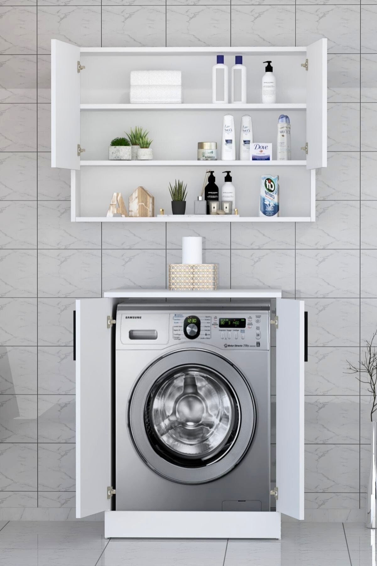 Rams 2 Kapaklı Üst Dolaplı Çamaşır Kurutma Makinesi Dolabı Beyaz