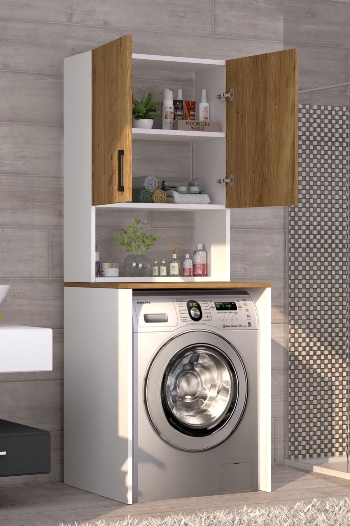 Üst Dolaplı Çok Amaçlı Çamaşır Makinesi Dolabı Çam
