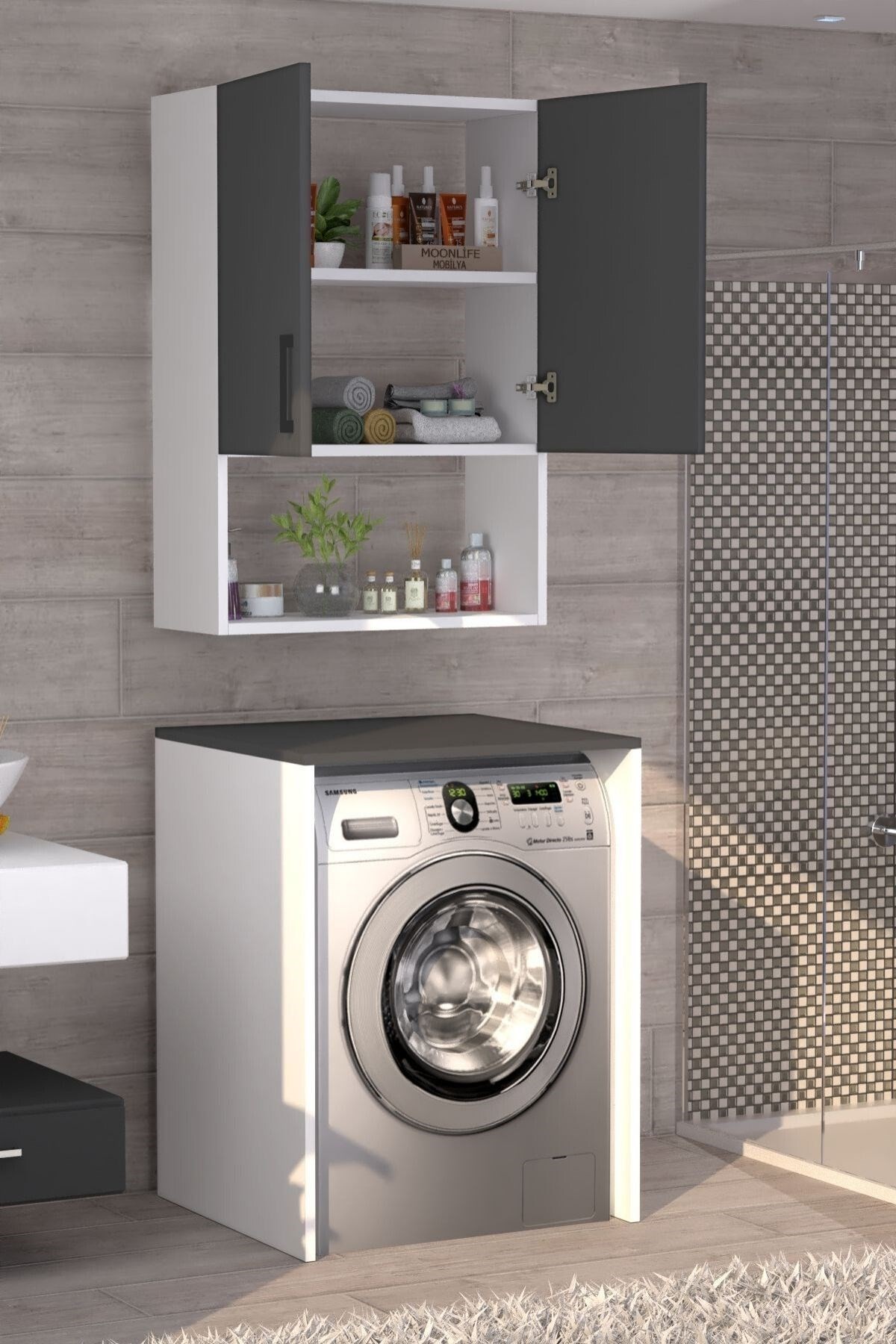 Üst Dolaplı Çok Amaçlı Çamaşır Makinesi Dolabı Antrasit