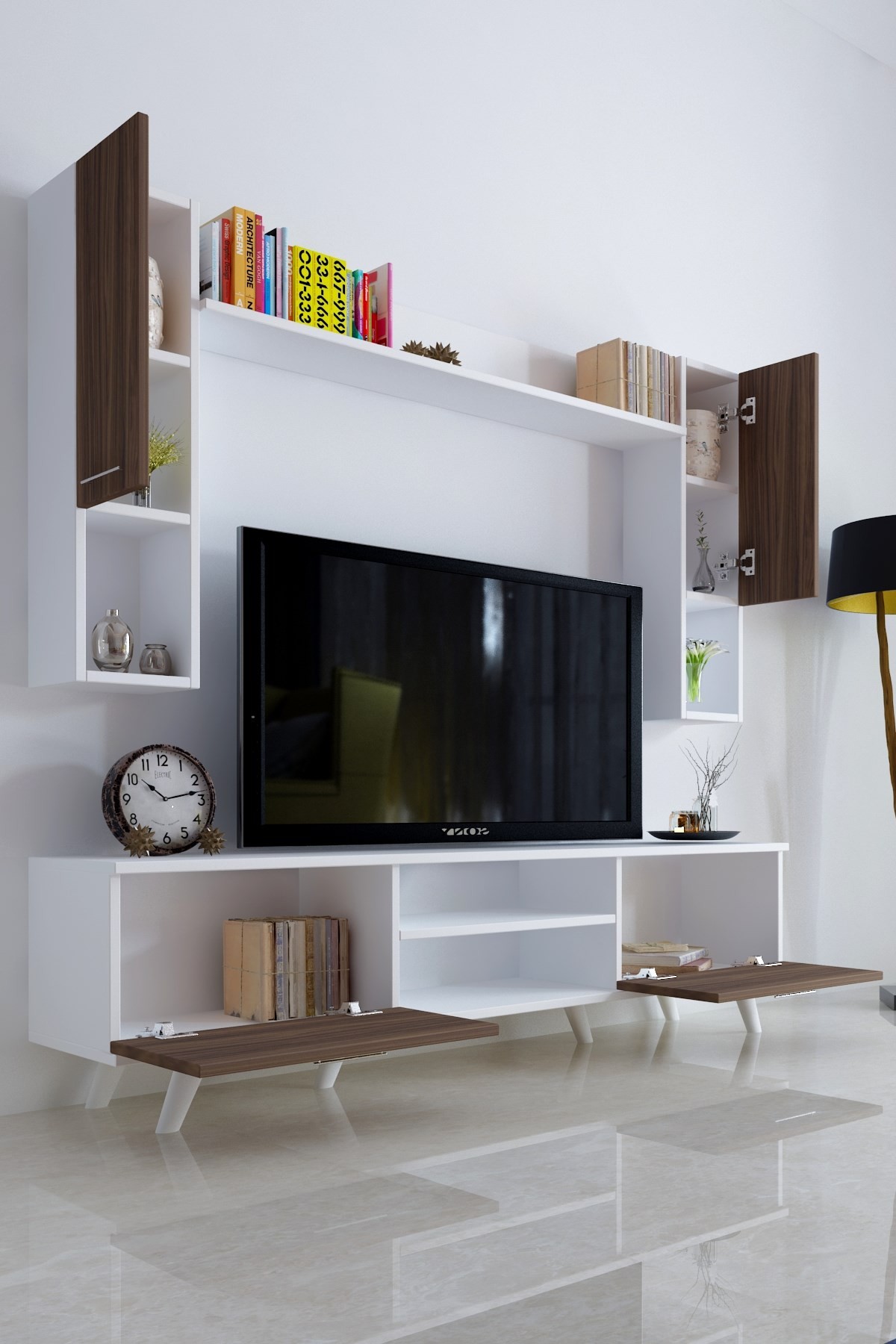 İstanbul Dolaplı Kapaklı Tv Ünitesi Beyaz Ceviz