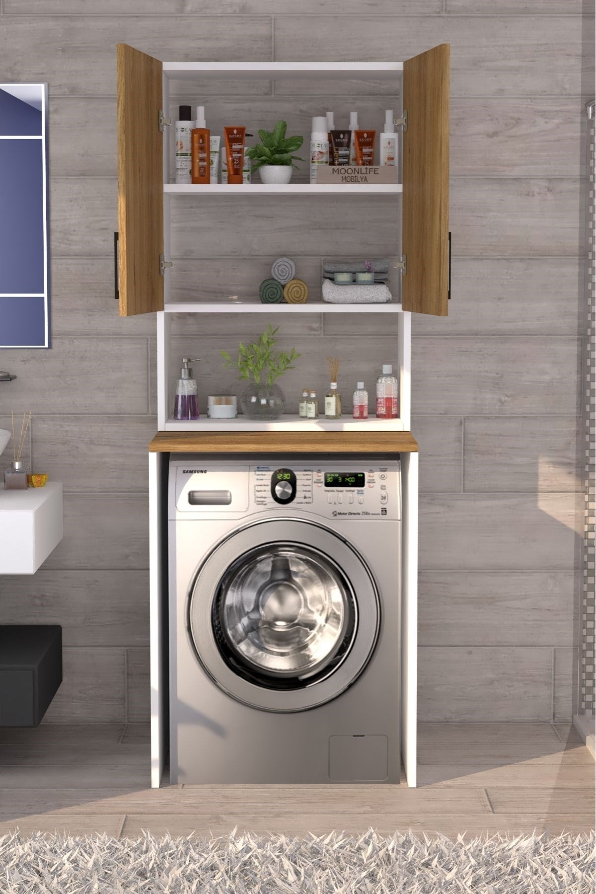Üst Dolaplı Çok Amaçlı Çamaşır Makinesi Dolabı Çam