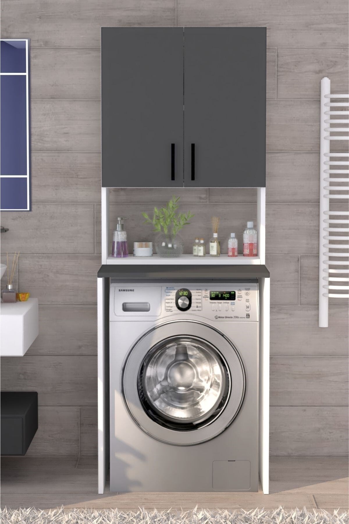 Üst Dolaplı Çok Amaçlı Çamaşır Makinesi Dolabı  - Beyaz Antrasit