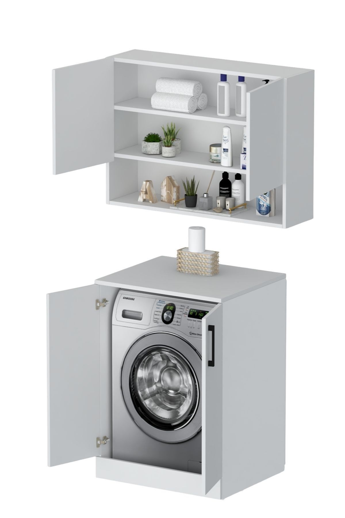 Rams 2 Kapaklı Üst Dolaplı Çamaşır Kurutma Makinesi Dolabı Beyaz