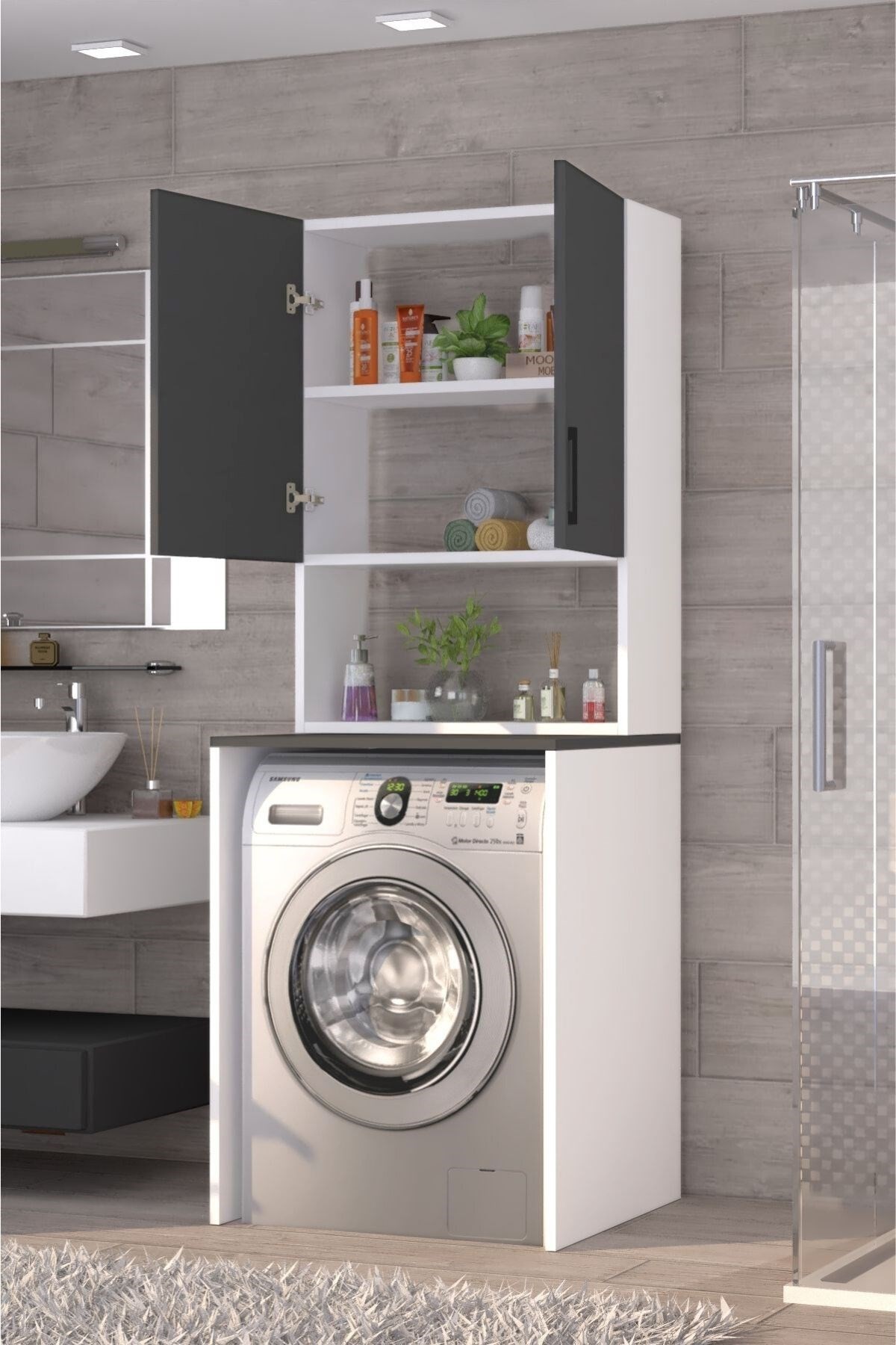 Üst Dolaplı Çok Amaçlı Çamaşır Makinesi Dolabı Antrasit