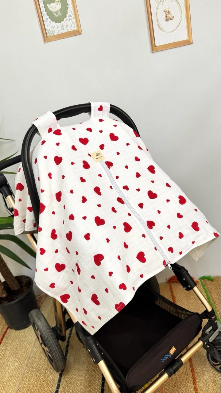 ÇİFT TARAFLI MÜSLİN PUSET ÖRTÜSÜ VE MİNDERİ KALPLİ