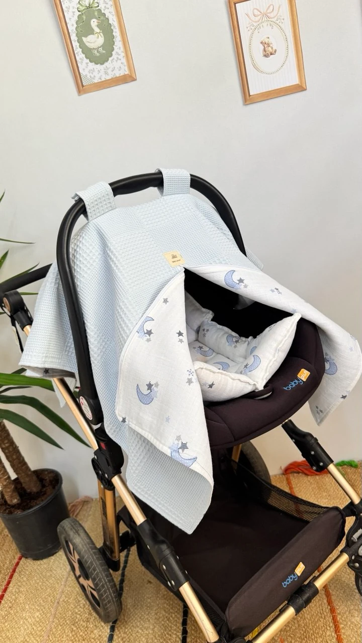 ÇİFT TARAFLI MÜSLİN PUSET ÖRTÜ VE MİNDERİ BULUT DESEN