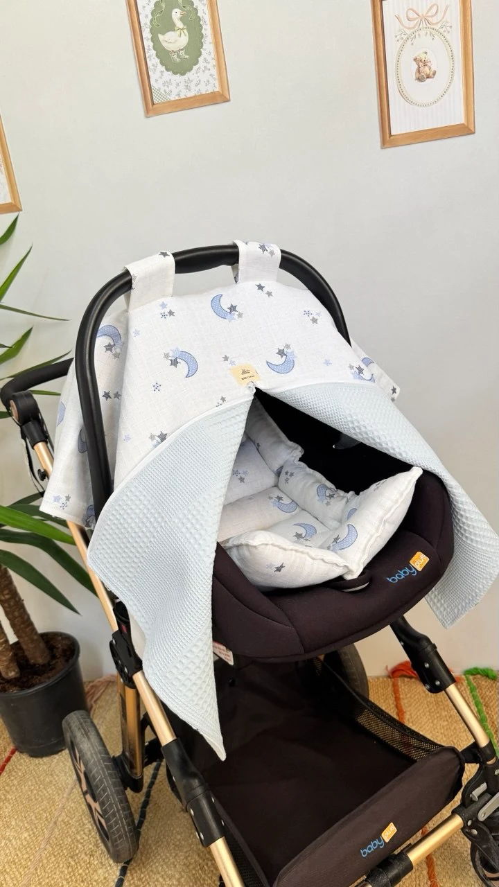 ÇİFT TARAFLI MÜSLİN PUSET ÖRTÜ VE MİNDERİ BULUT DESEN