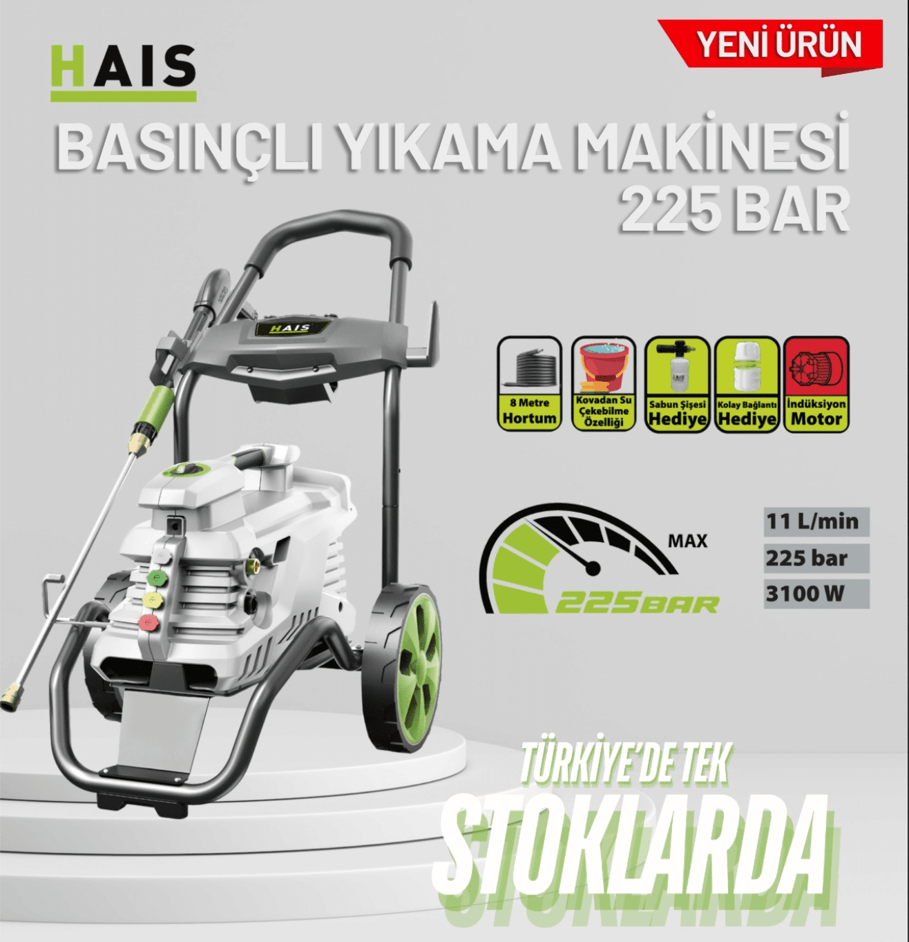 HAIS 225 BAR BASINÇLI YIKAMA MAKİNESİ 3100 W (ARABALI)