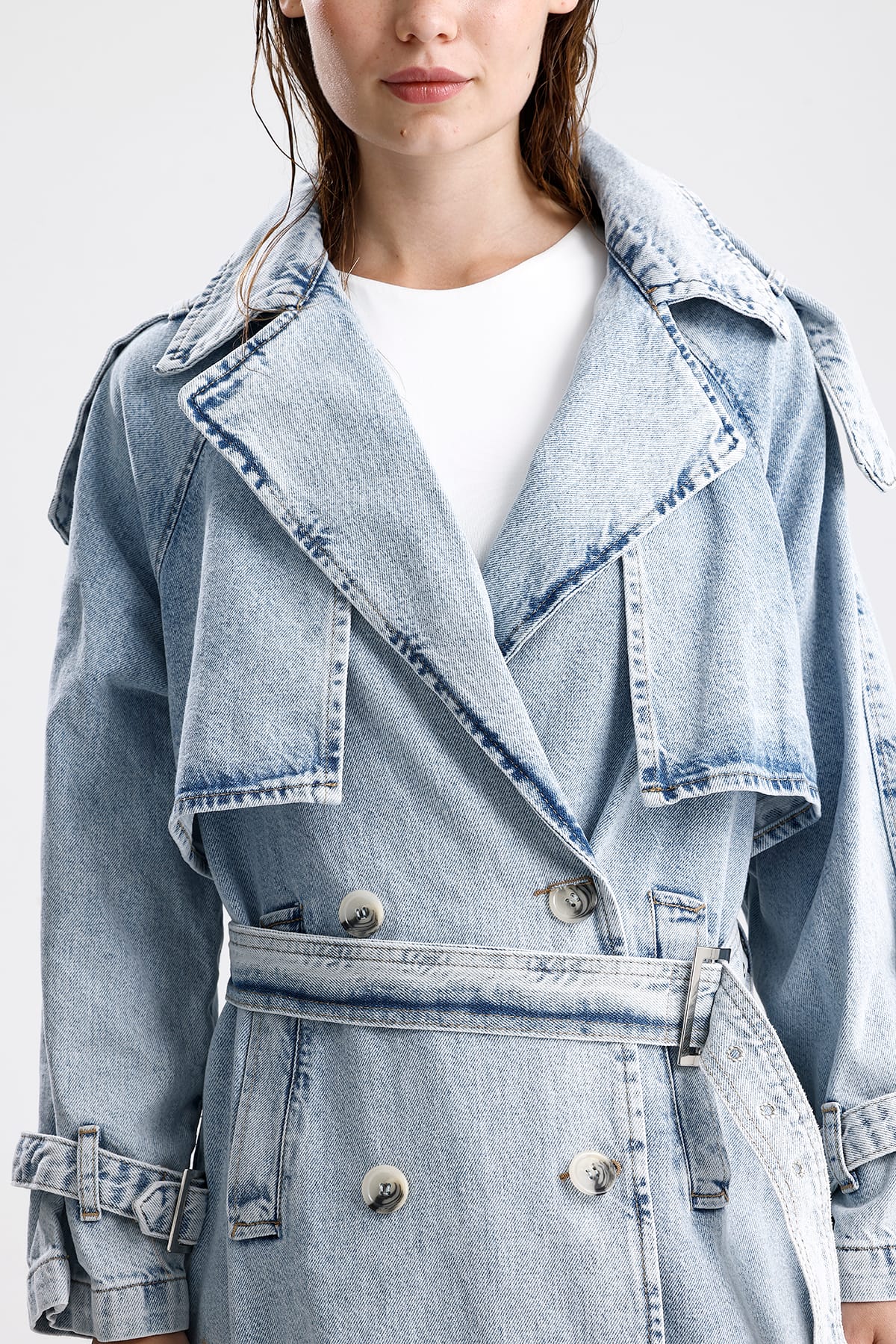 Oversize Kuşaklı Uzun Denim Trençkot