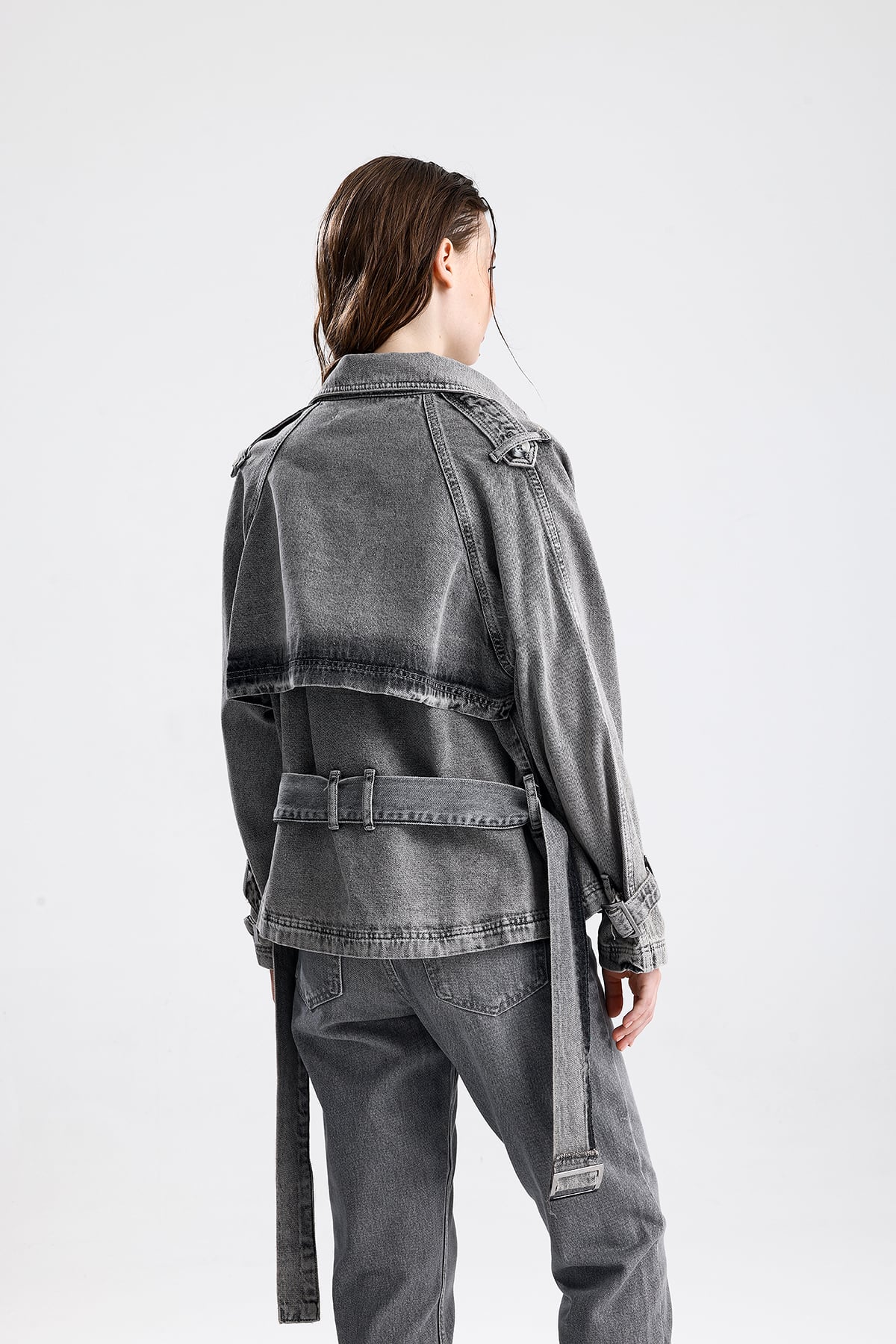 Gri Oversize Kemerli Denim Ceket