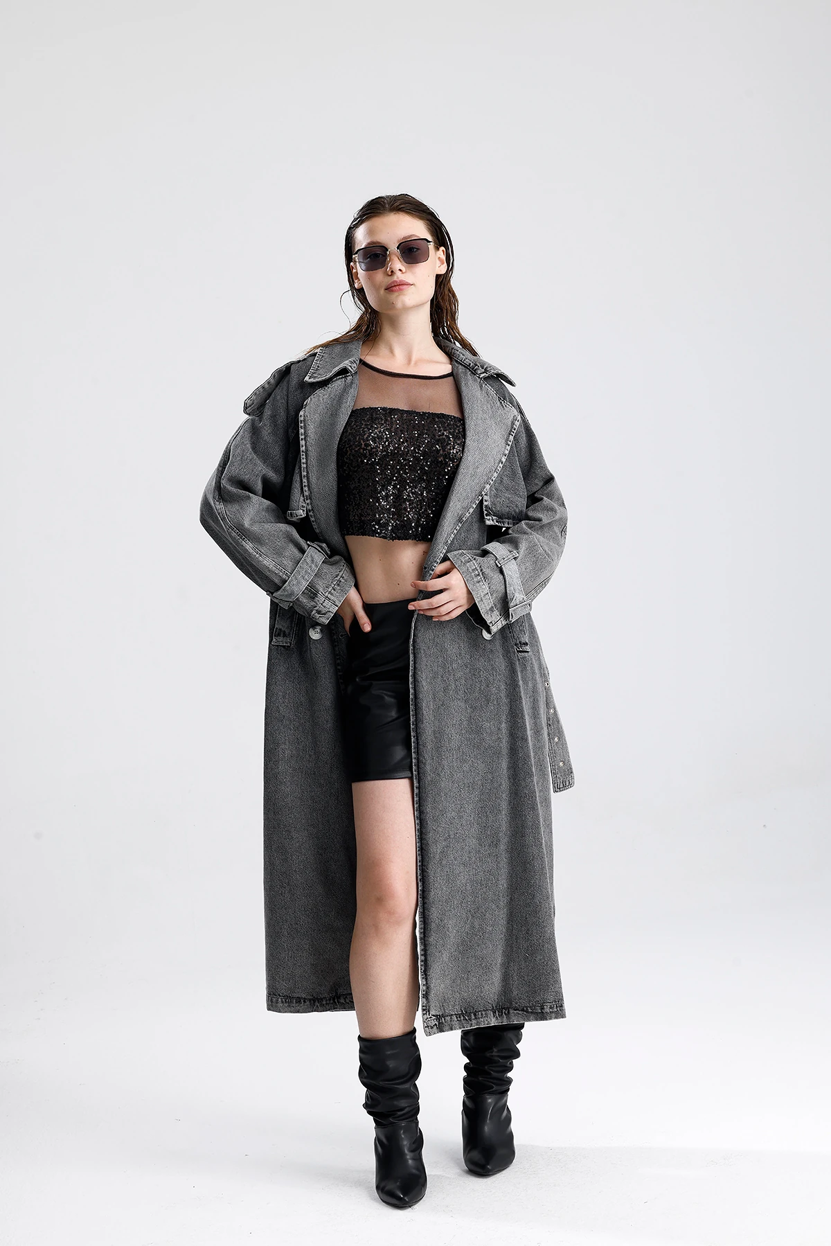 Oversize Kuşaklı Uzun Denim Trençkot